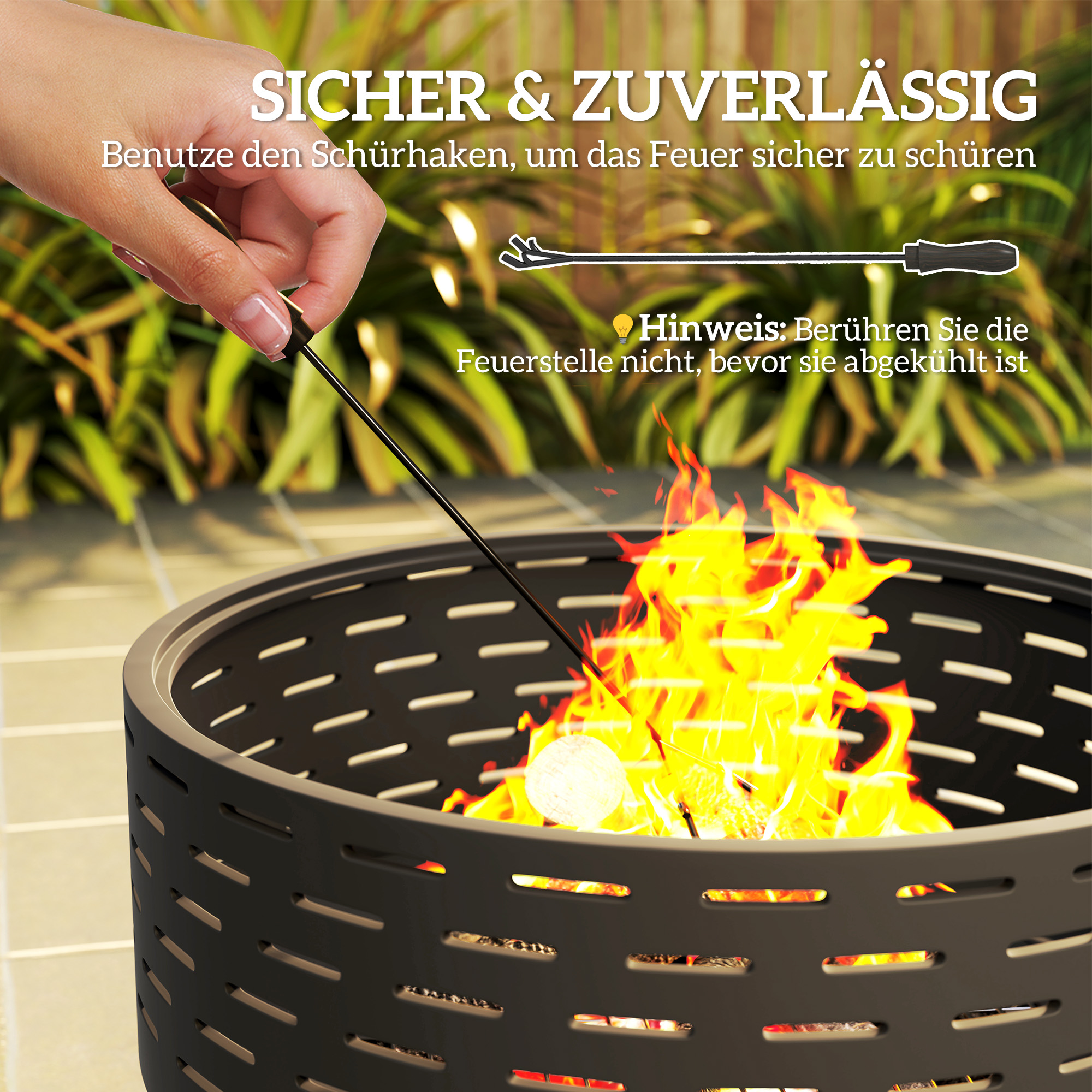 3-in-1 Feuerschale Ø60 x 39cm aus Edelstahl Feuerstelle mit Grillrost Funkenschutz Schürhaken Kohlegrau