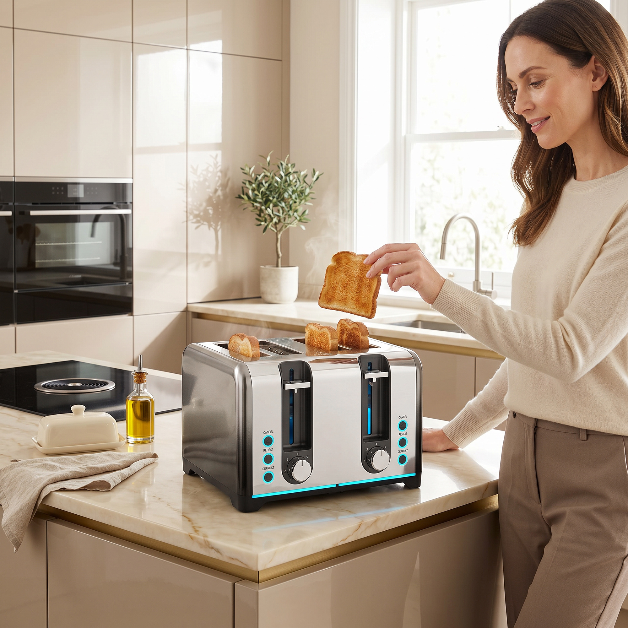 4-Scheiben-Toaster mit 7 Bräunungsstufen, Aufwärm-, Auftau- und Abbruchfunktion