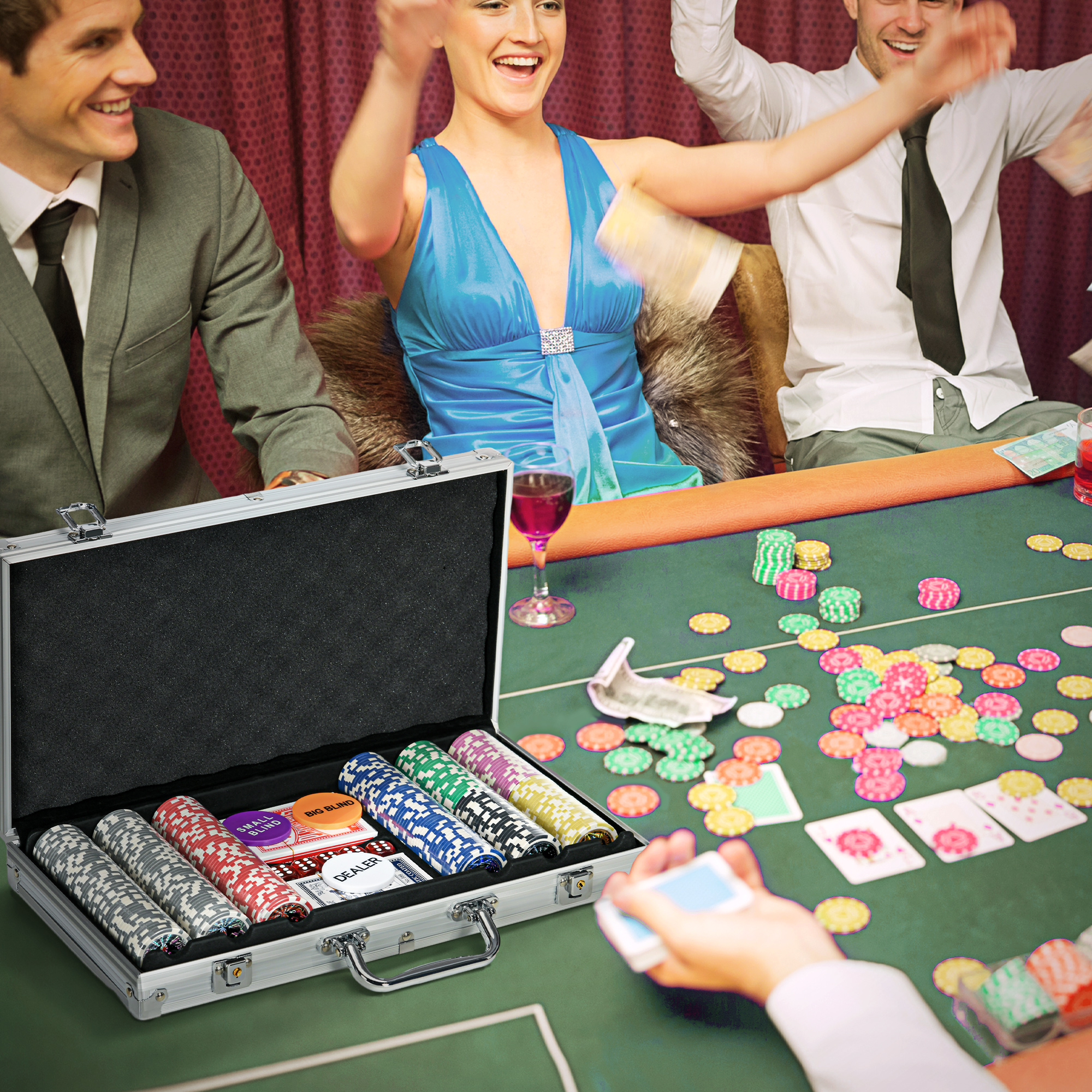 Casinozubehör und Chips Pokerset mit Chips Pokerchip-Koffer, inkl. Unterlage, Set mit 300 Chips, 2 Kartenspielen, 5 Würfeln