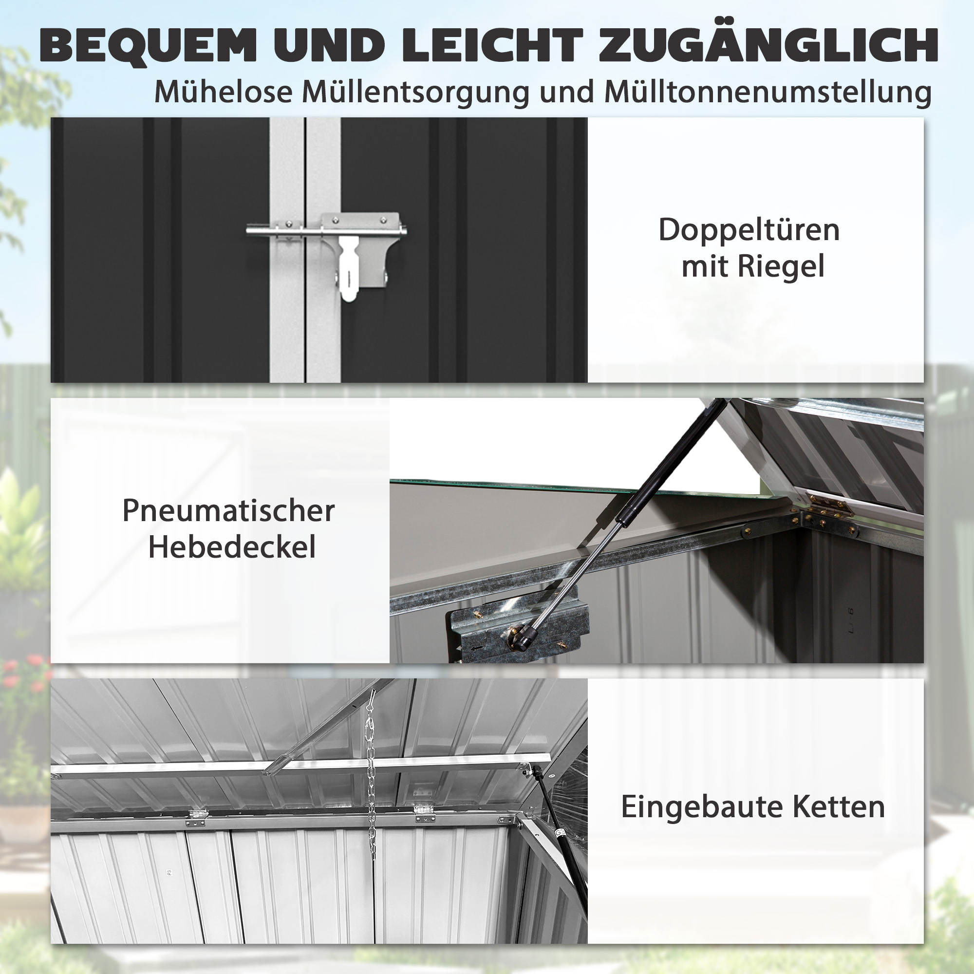 Mülltonnenbox für 2 Mülltonnen aus verzinktem Stahl Müllbox mit Klappdeckel Gasdruckfeder Doppeltür Belüftungsöffnungen