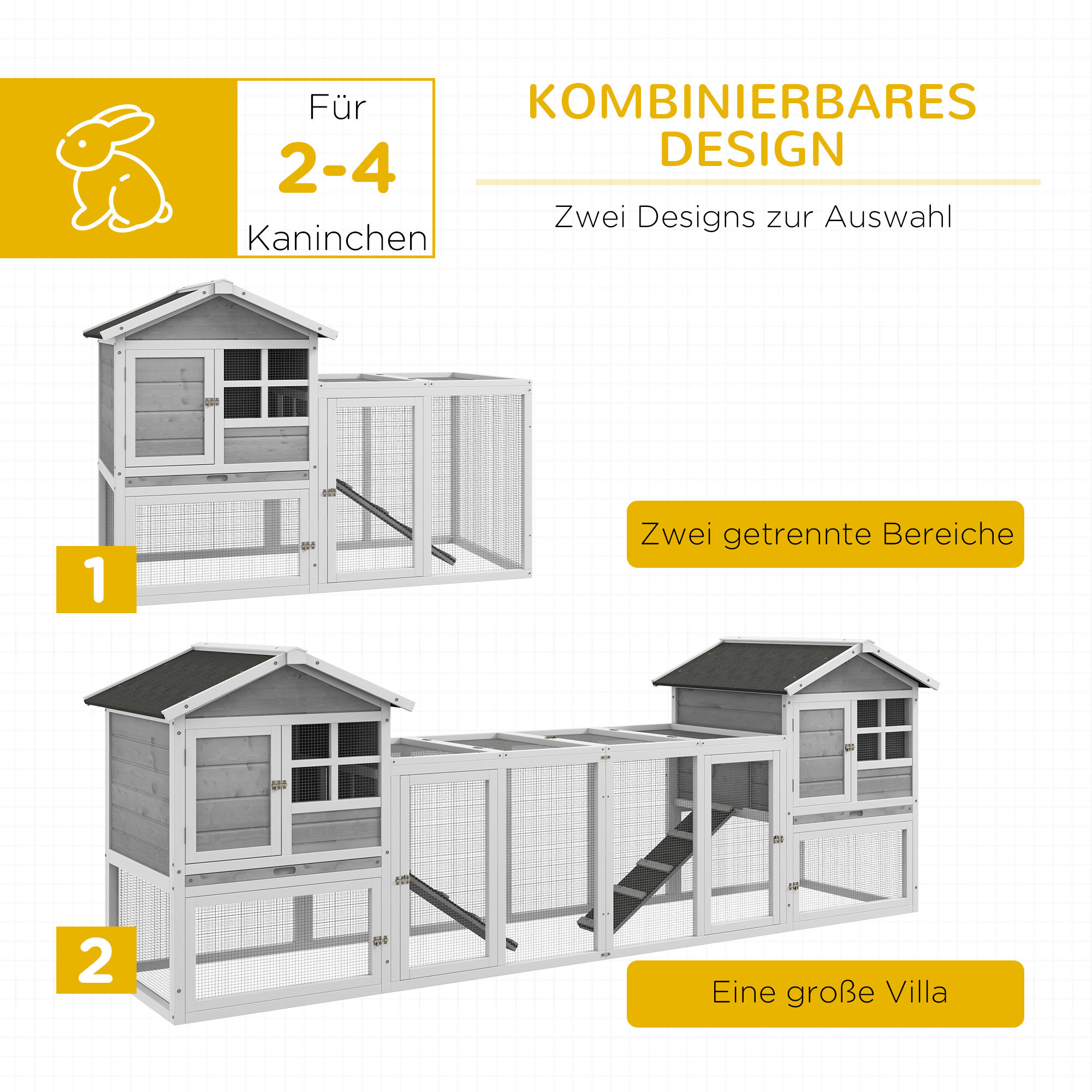 Kleintierstall, Kaninchenstall, Außengehege, Stall, Rampe, ausziehbare Bodenwannen, Weiß + Grau