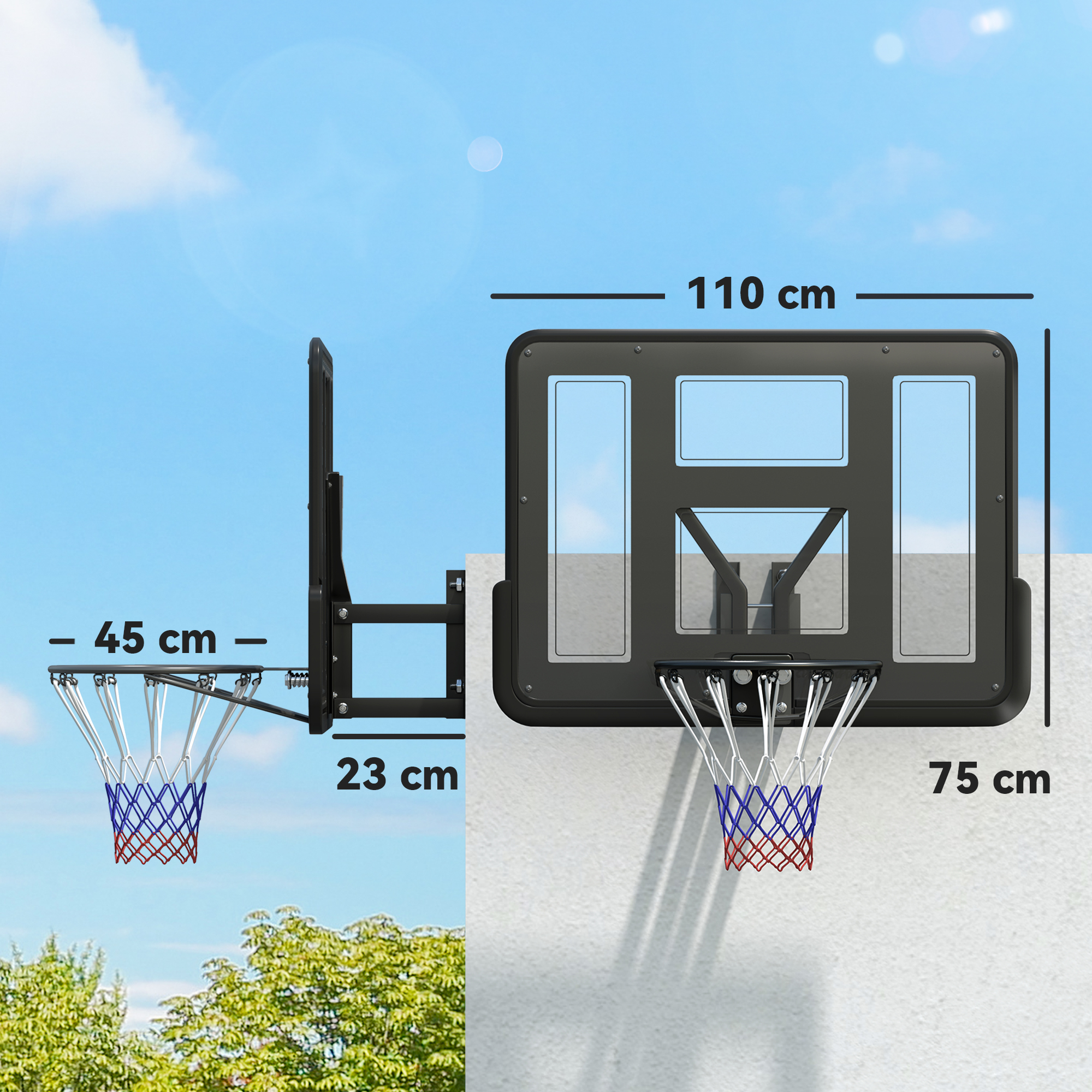 Wandmontierter Basketballkorb, Reißfestes Netz, wetterbeständig, widerstandsfähig, für drinnen und draußen, Schwarz