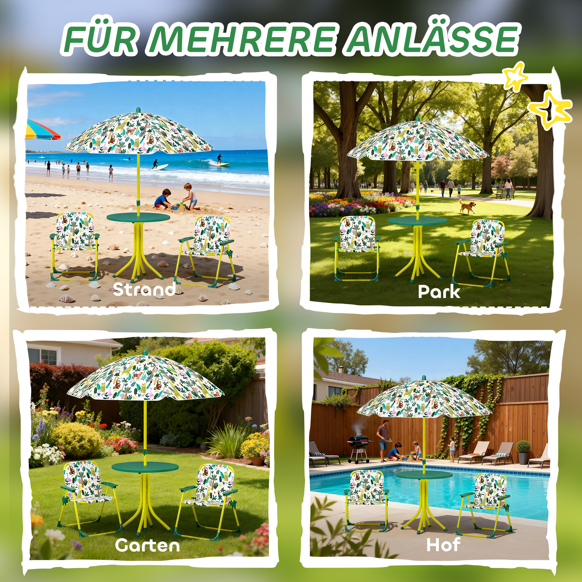 Kindersitzgruppe, 4 teilige Kindersitzgarnitur mit abnehmbarem Sonnenschirm, Kindertisch mit 2 Klappstühlen, Grün