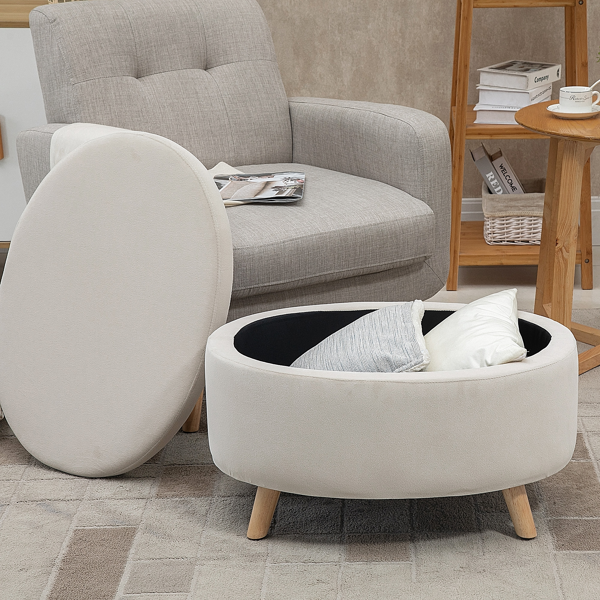Sitzbank mit Stauraum, Hocker, ovale Form, Samtoptik, bis 120 kg, 71 x 51,5 x 42 cm, Beige