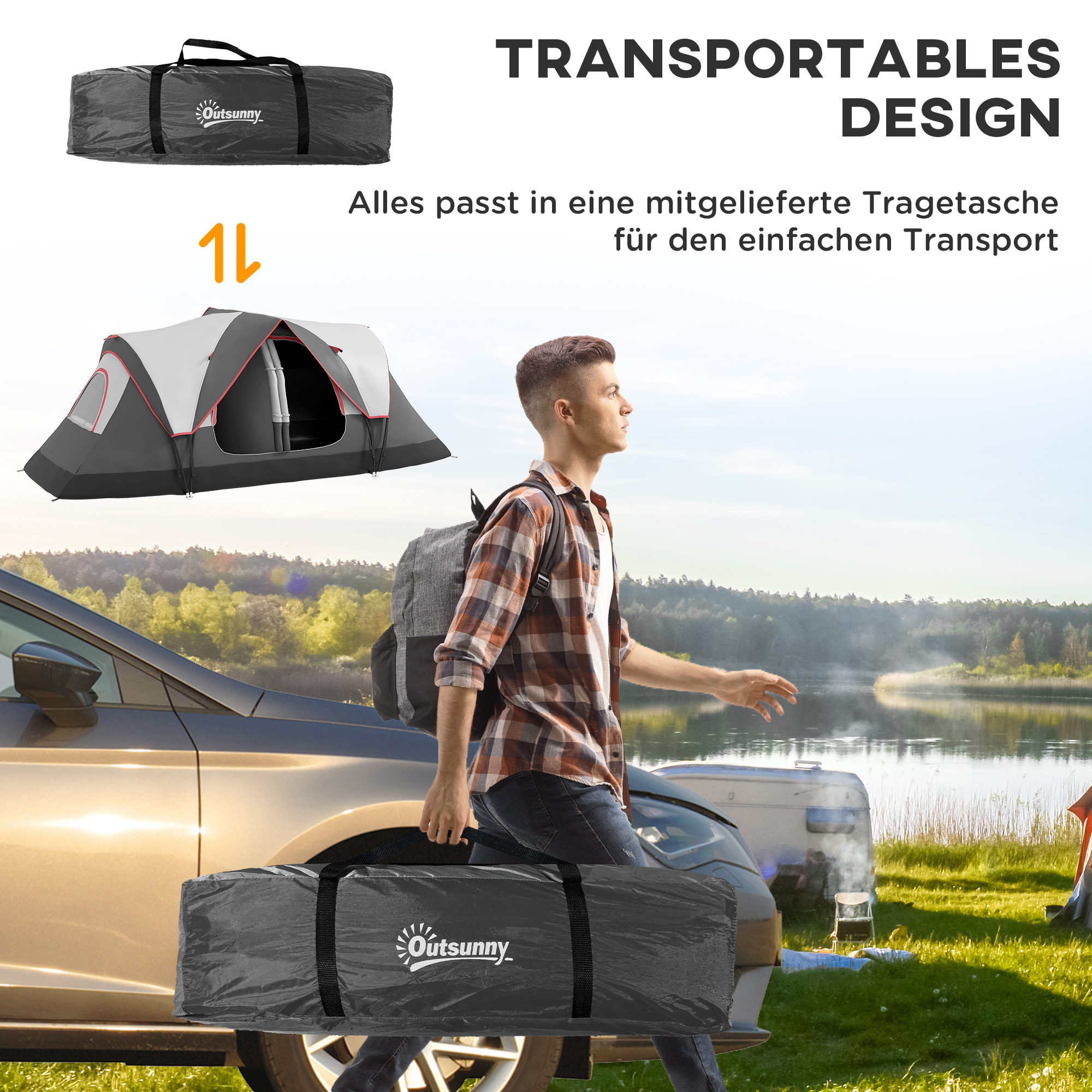 Campingzelt, 2 Räume, Trennwand, für 6-8 Personen, Regenschutz, Grau