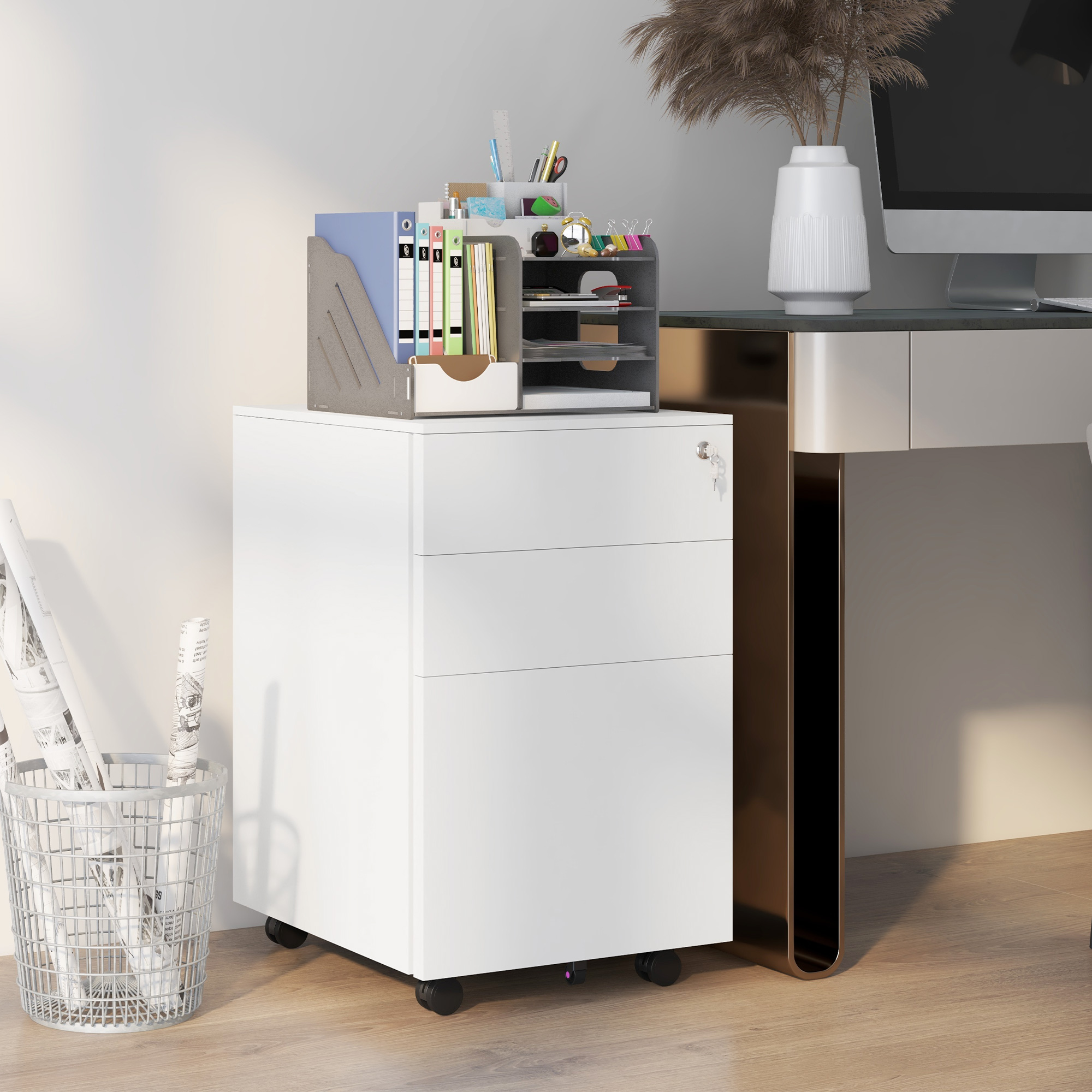 Rollcontainer Aktenschrank, 3 Schubladen, abschließbar, rollbar, 37 cm x 43,5 cm x 60 cm, Weiß