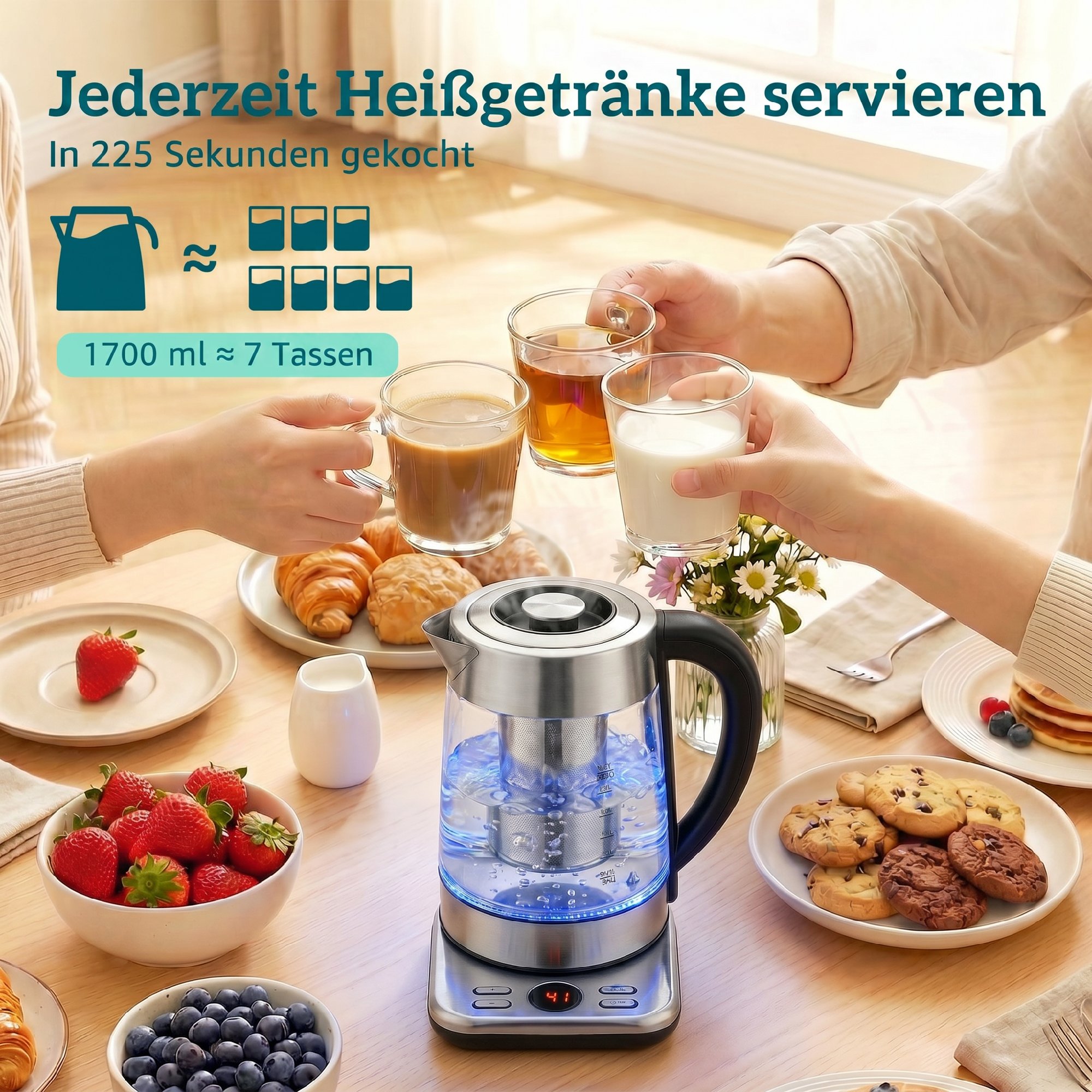 Wasserkocher, 1,7L Schnellkochender 2200W Wasserkocher mit UK Strix Thermostat, Teesieb, Warmhaltefunktion