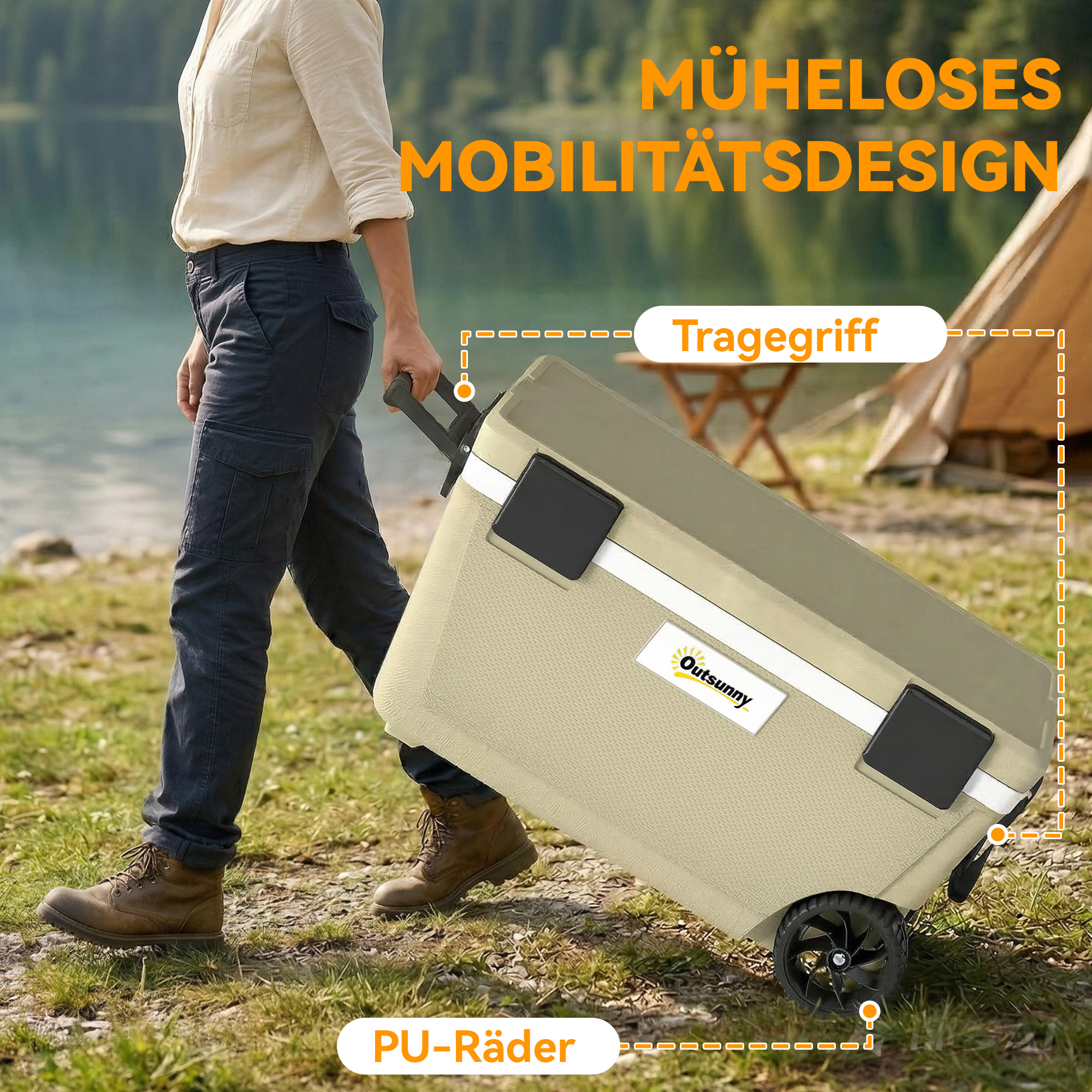 Kühlbox 70L Große Passive Thermobox bis zu 72 Std. Kühlung, mit PU-Vollschaumisolierung Rädern Ablassventil Griff