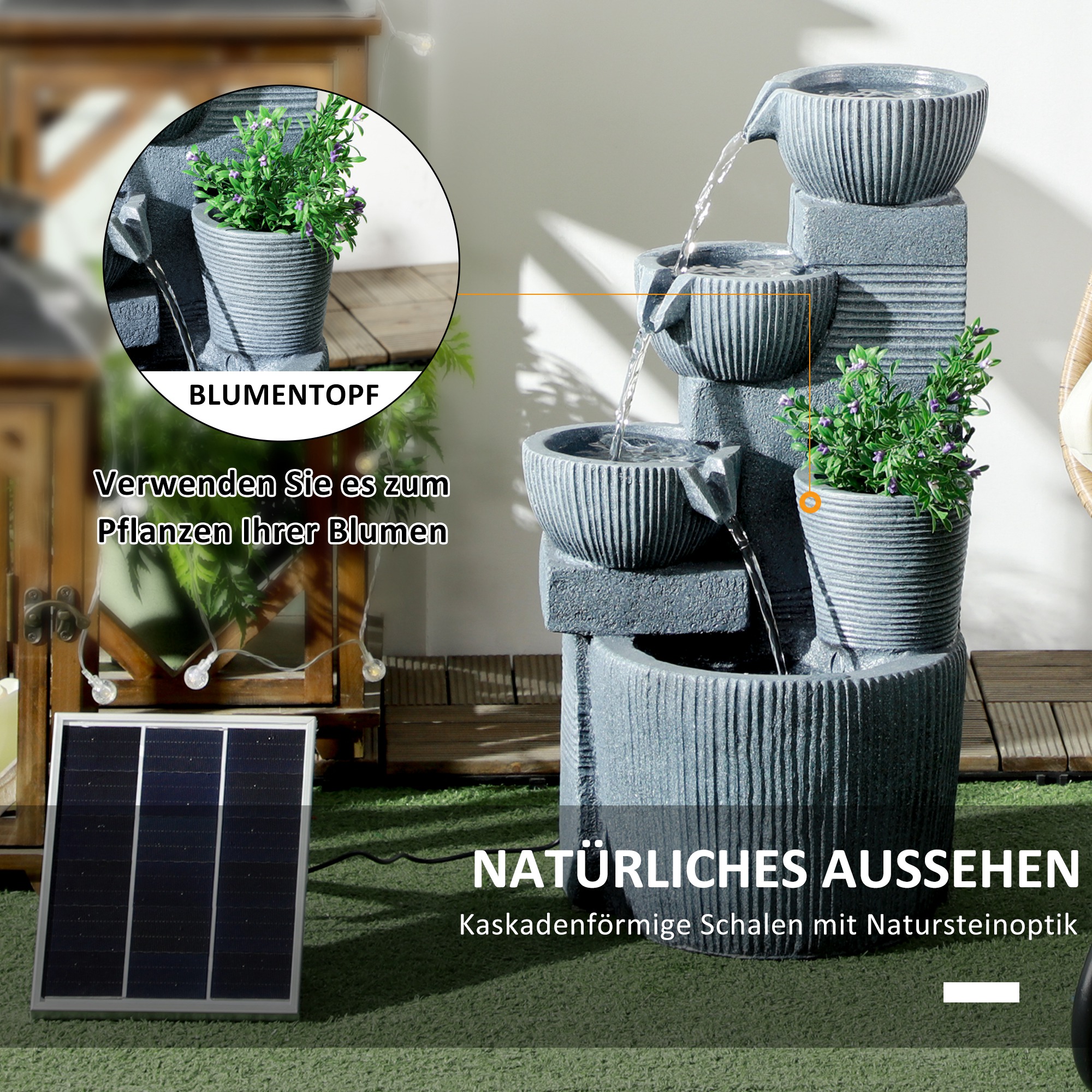 Gartenbrunnen, Naturoptik, 4-stufig, Solarbetrieb, LEDs, 57cm Höhe, Dunkelgrau