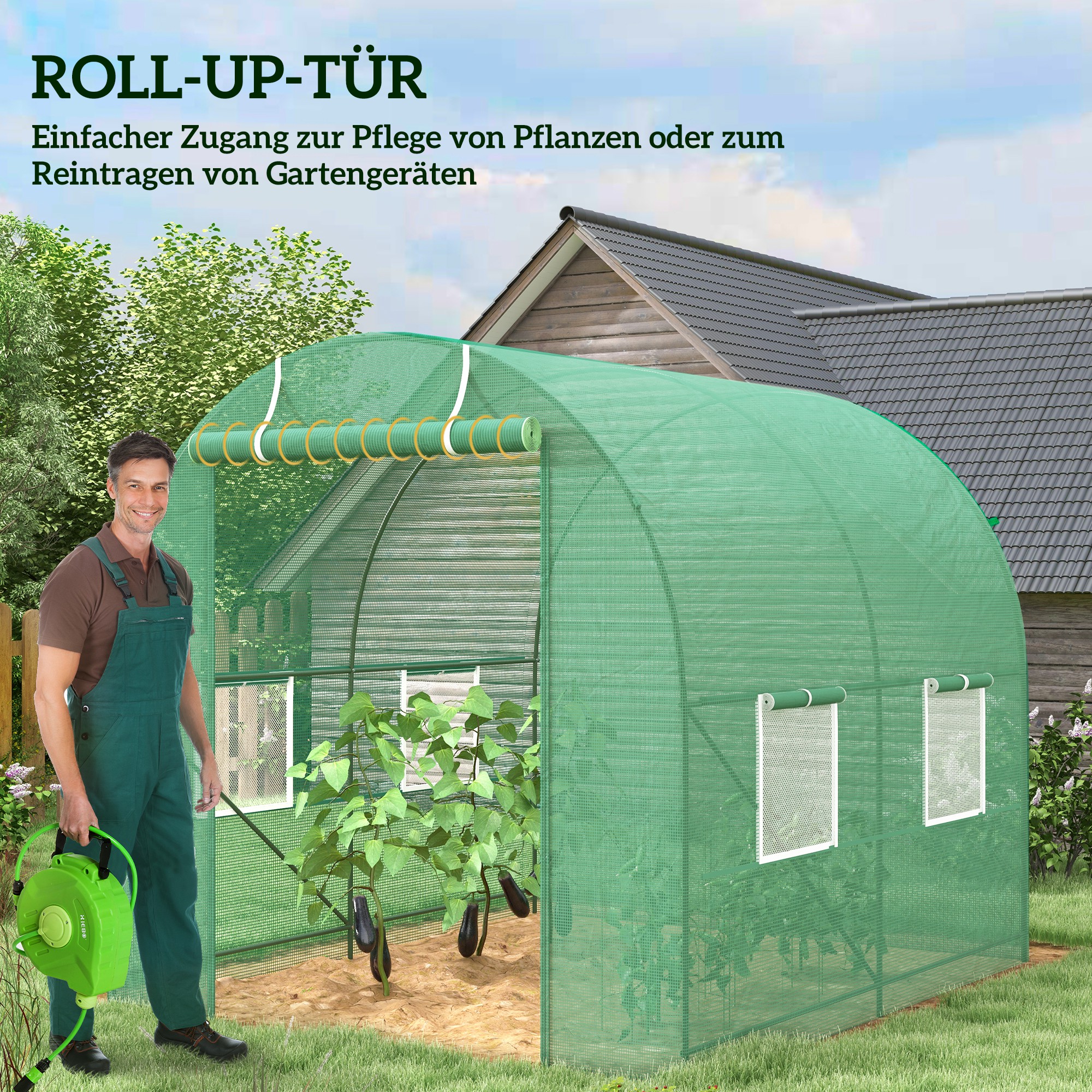 Gewächshaus 245x200x198cm Foliengewächshaus Tomatenhaus mit Tür, 4 Fenster, Folientunnel aus verzinktem Stahl, PE, stabiles Treibhaus Pflanztunnel, inkl, Erdanker & Seilen, Grün