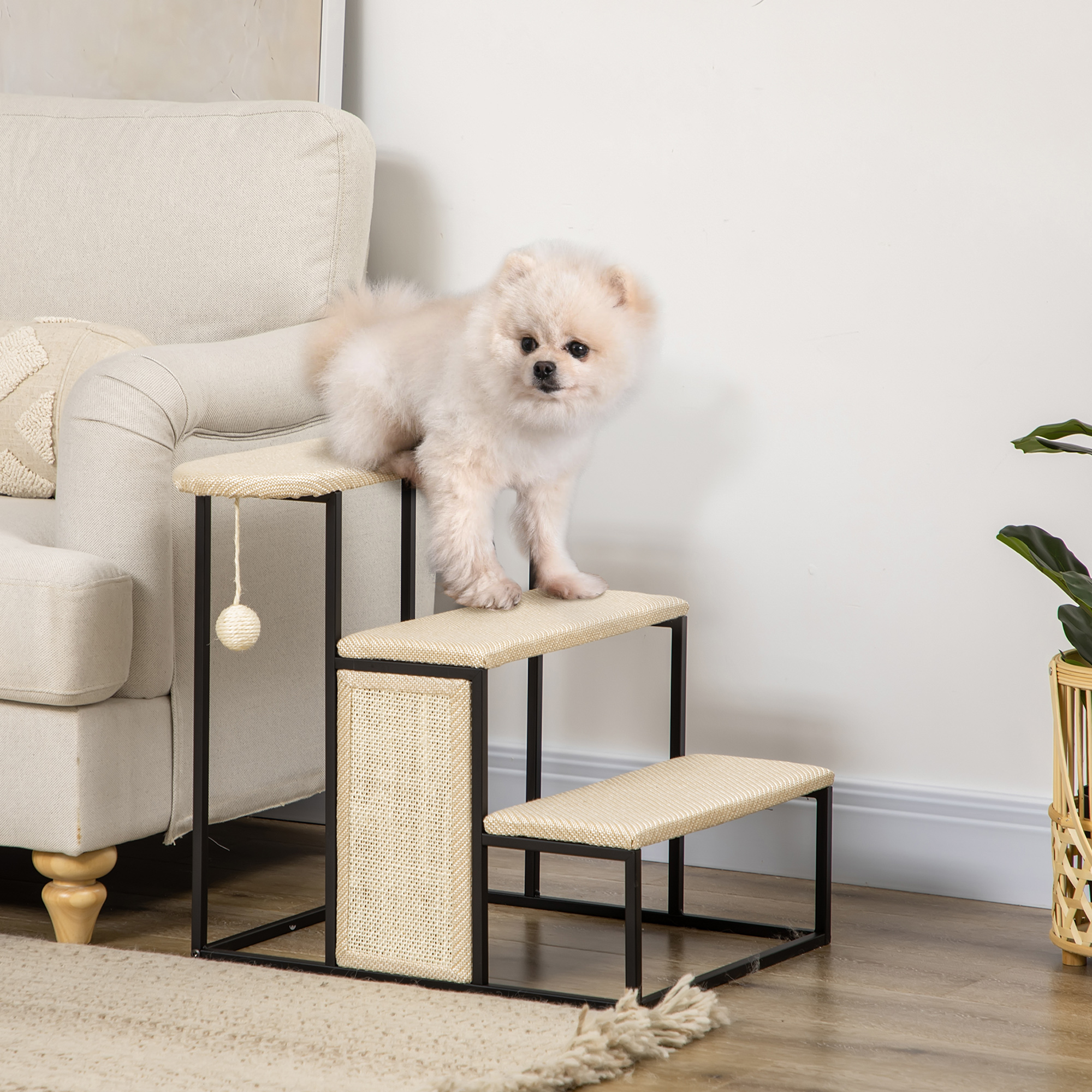 Katzentreppe, mit Kratzbrett, 3 Stufen, Spielball, robust, Stahl+Sisal, cremeweiß+schwarz, 51 x 54 x 53cm