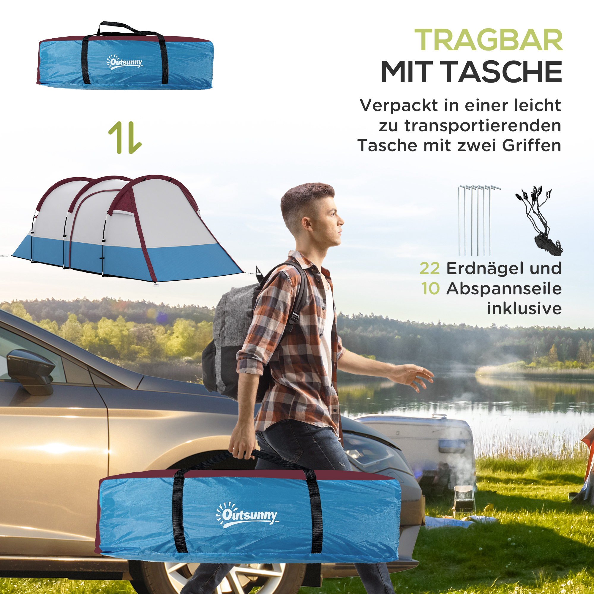 Campingzelt, für 3 Personen, Laternenhaken, drei Eingänge, wasserdicht, Rot