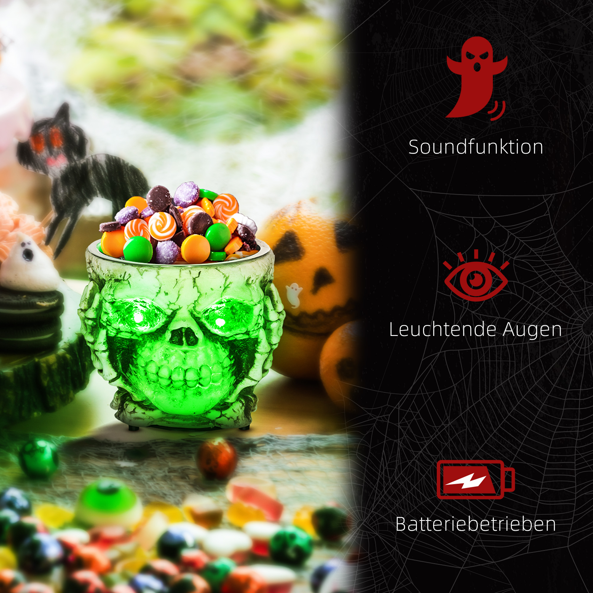 Halloweendekoration, Skelett-Süßigkeitenschale, leuchtende Augen, unheimliches Heulen, Grau/Schwarz