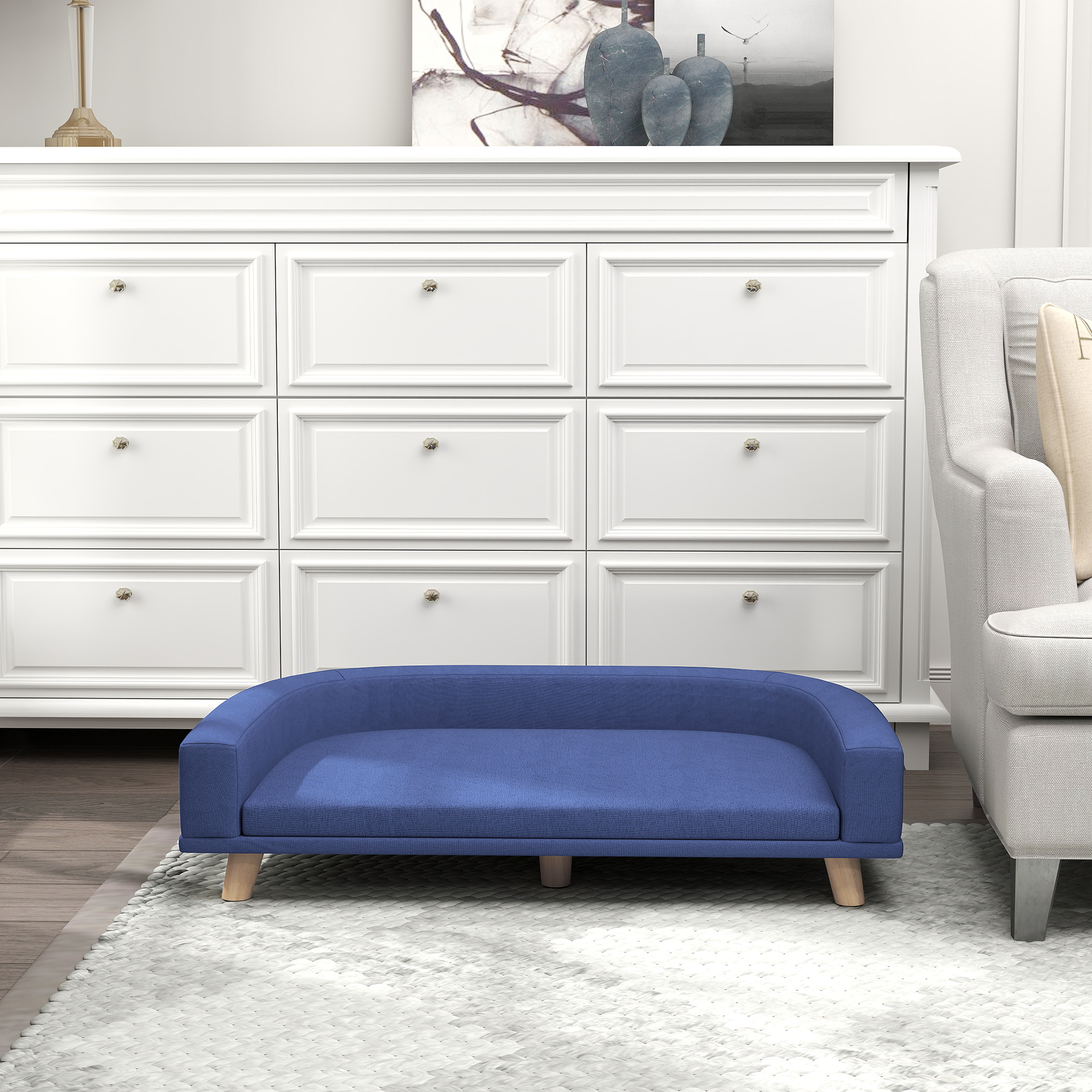 Hundebett Hundesofa Haustiersofa, Eukolyptusholz, 98 x 67 x 25 cm, Blau