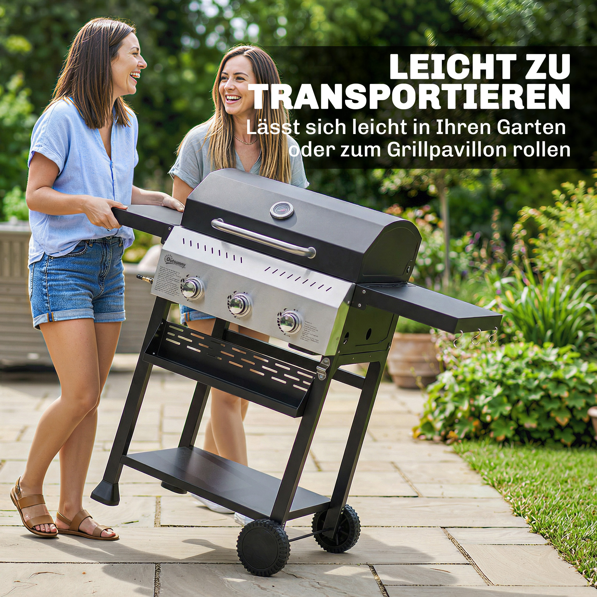 Gasgrill 9 KW 3 Brenner BBQ Grillwagen Edelstahl inkl klappbar Seitentisch Gewürzhalter Unterregal 6 Haken