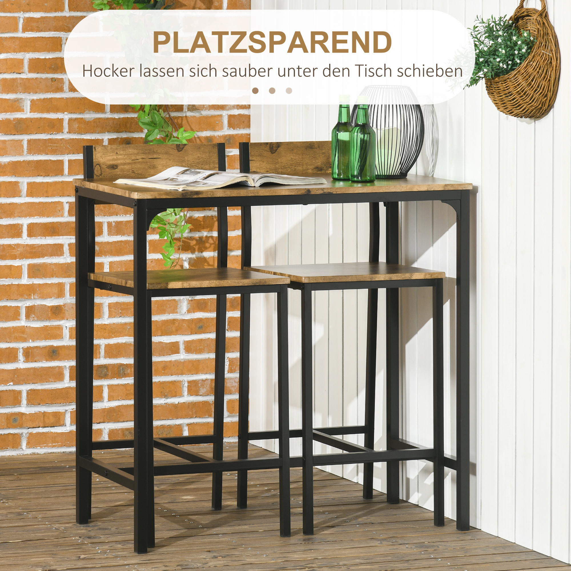 3-teiliges Bar-Set, Stehtisch, 2 Stühle, MDF, Metallrahmen, wasserfest, Braun