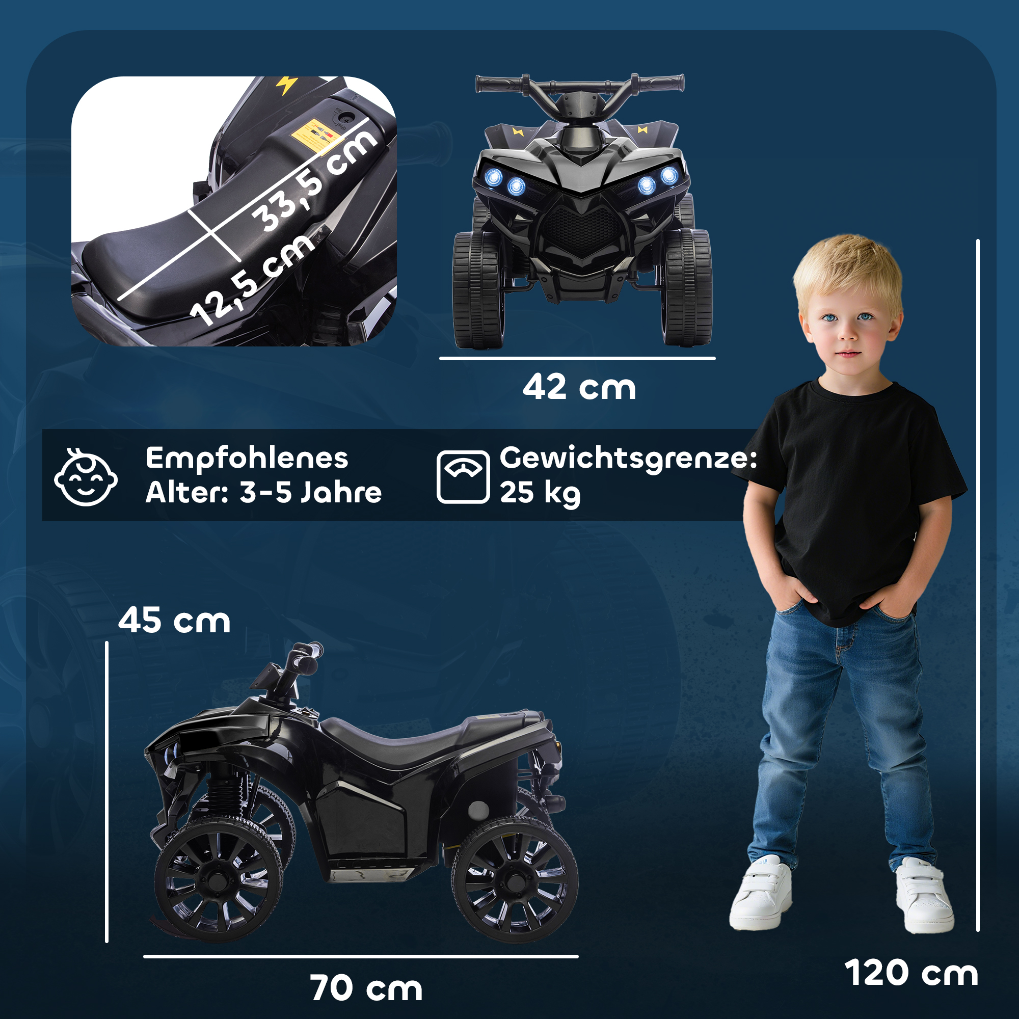 Kinder Quad Elektro 6V Kinderquad mit Vorwärts-, Rückwärtsfunktion, Musik, LED-Scheinwerfer Schwarz