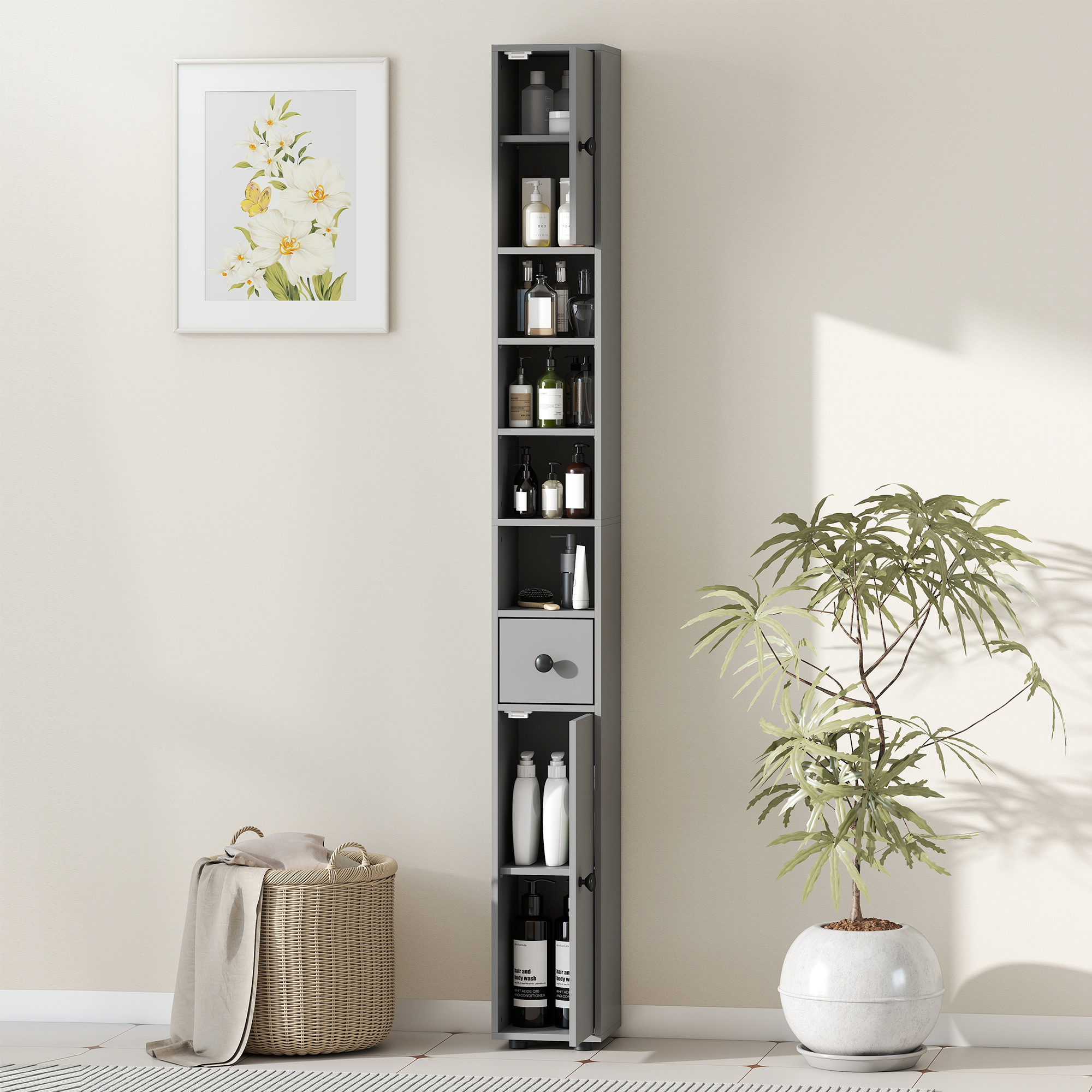 Badezimmerschrank, 4 Regale, Schublade, Spanplatte, schlankes Design, Grau