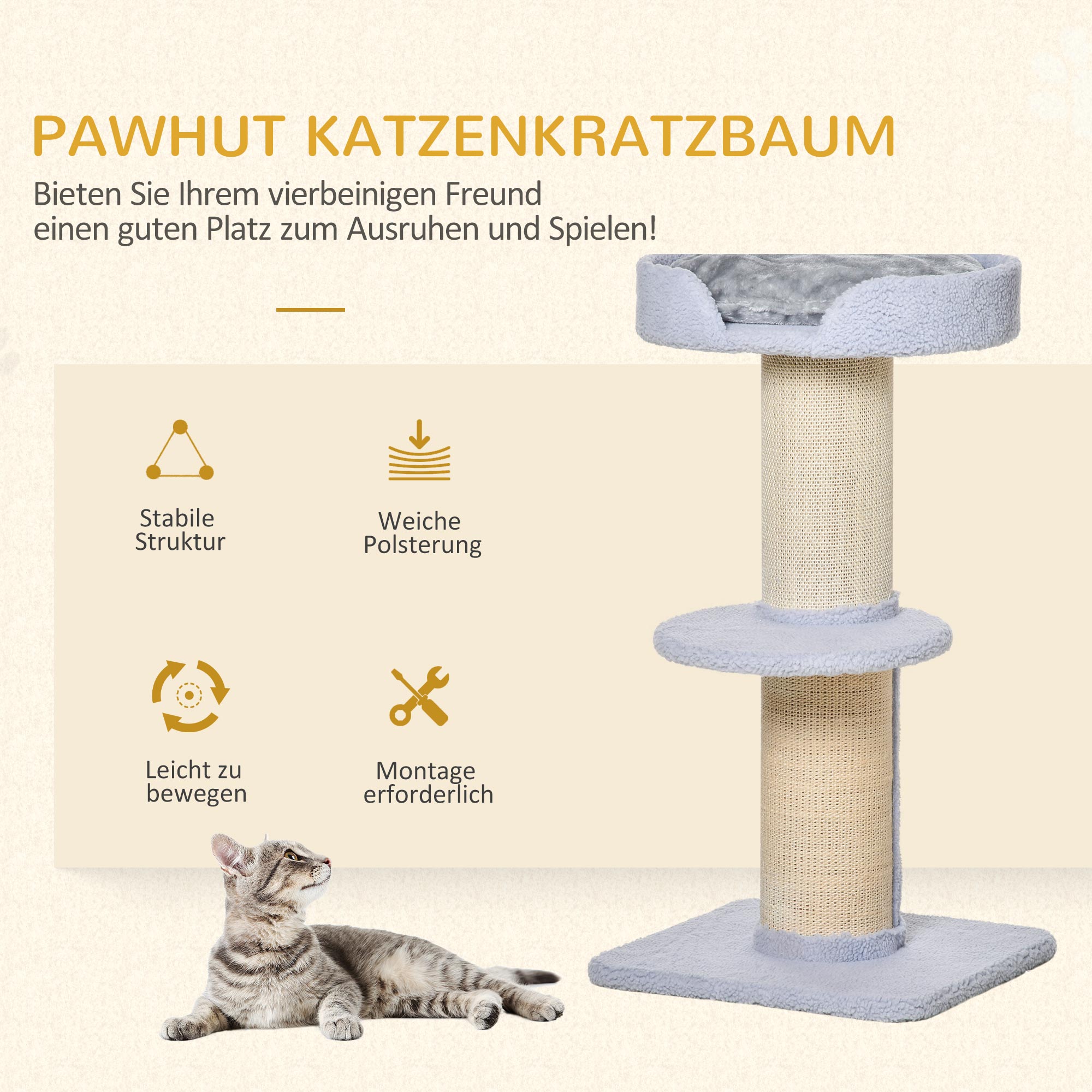 Kratzbaum 91 cm Katzenturm mit Sisalstämme, Plattform, Kissen mehrstöckiger Katzenkratzbaum, Kletterbaum, für mittelgroße Katzen, Hellblau