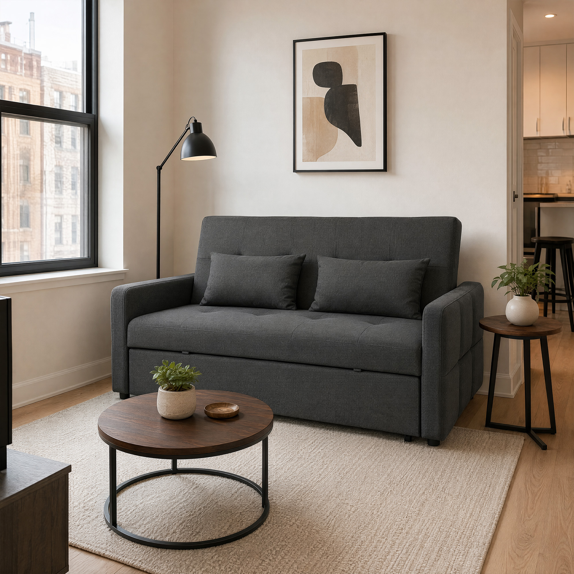 2-Sitzer-Schlafsofa, 3-in-1 Ausziehsofa mit verstellbarer Rückenlehne, breiter Sitzfläche, Dunkelgrau