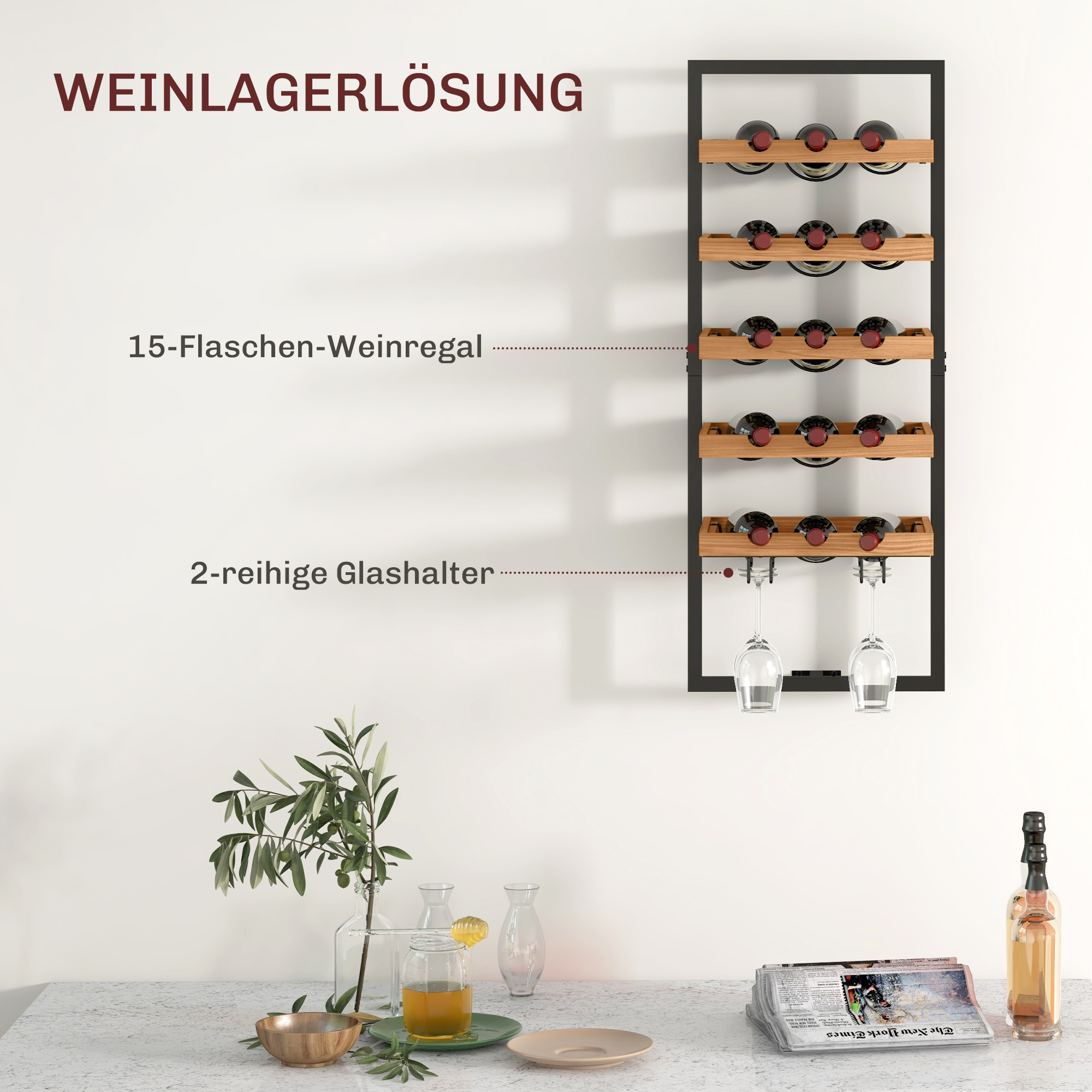 Wand-Weinregal, 5 Ebenen, Flaschenhalter, Gläserhalter, Kiefernholz, Stahl, Hausbar, Küche, Wohnzimmer, Braun