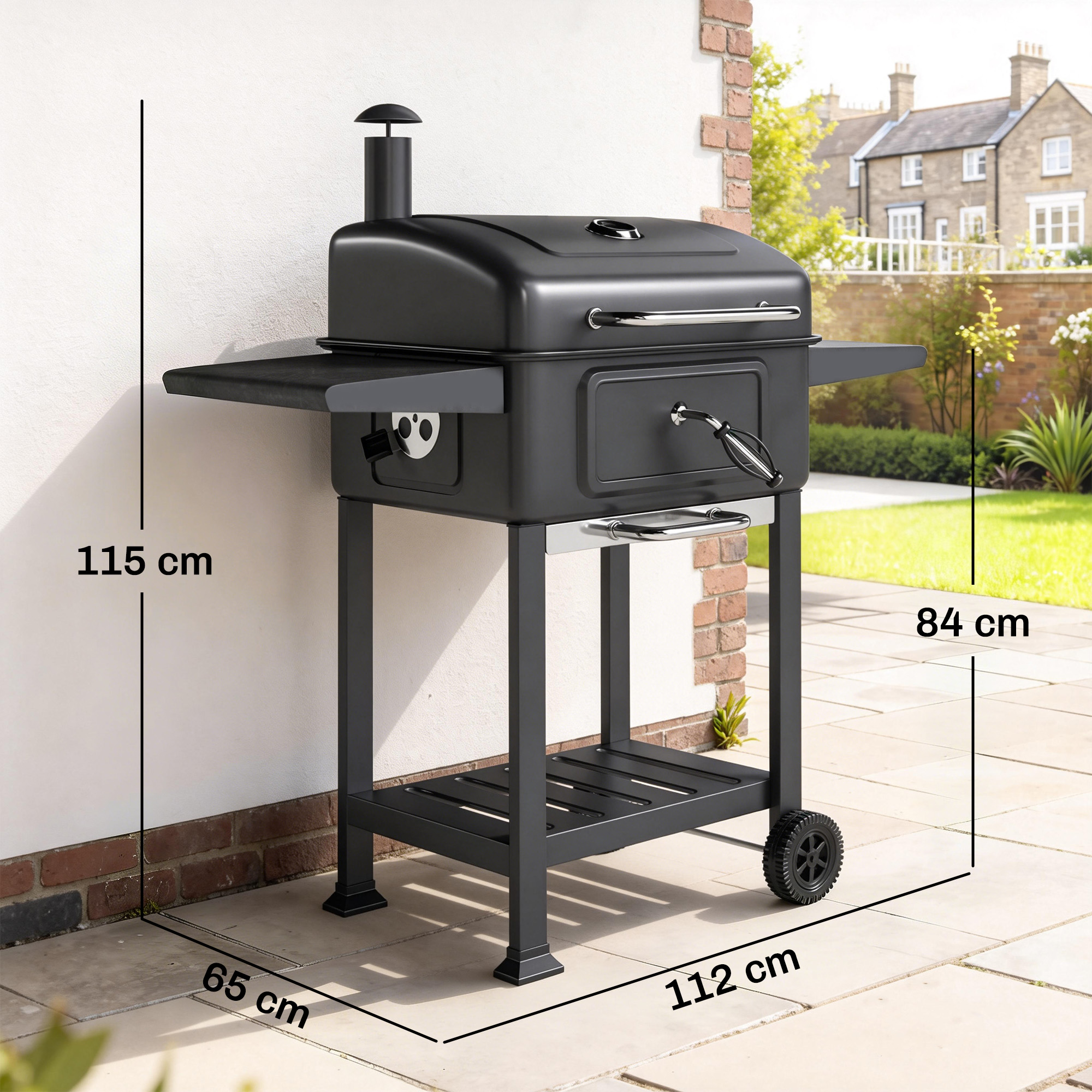 Holzkohlegrill BBQ Smoker mit Deckel Thermometer höhenverstellbar Kohlepfanne Kamin Grillrost Seitentisch Aschefach