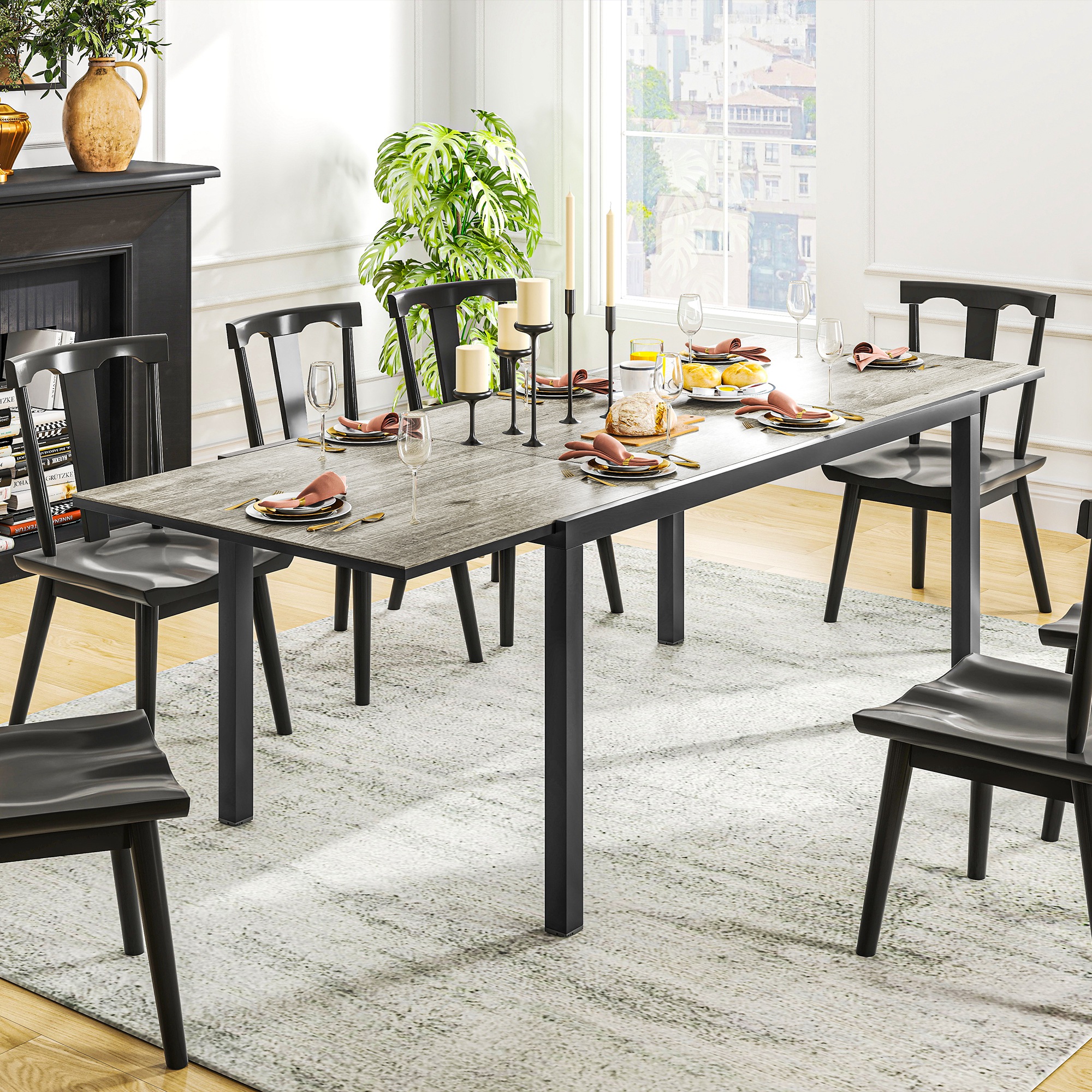 Ausziehbarer Esstisch für 6-8 Personen, Verstellbarer Outdoor-Tisch aus Aluminium, Stahl, Kunststoff, Holzoptik, Grau