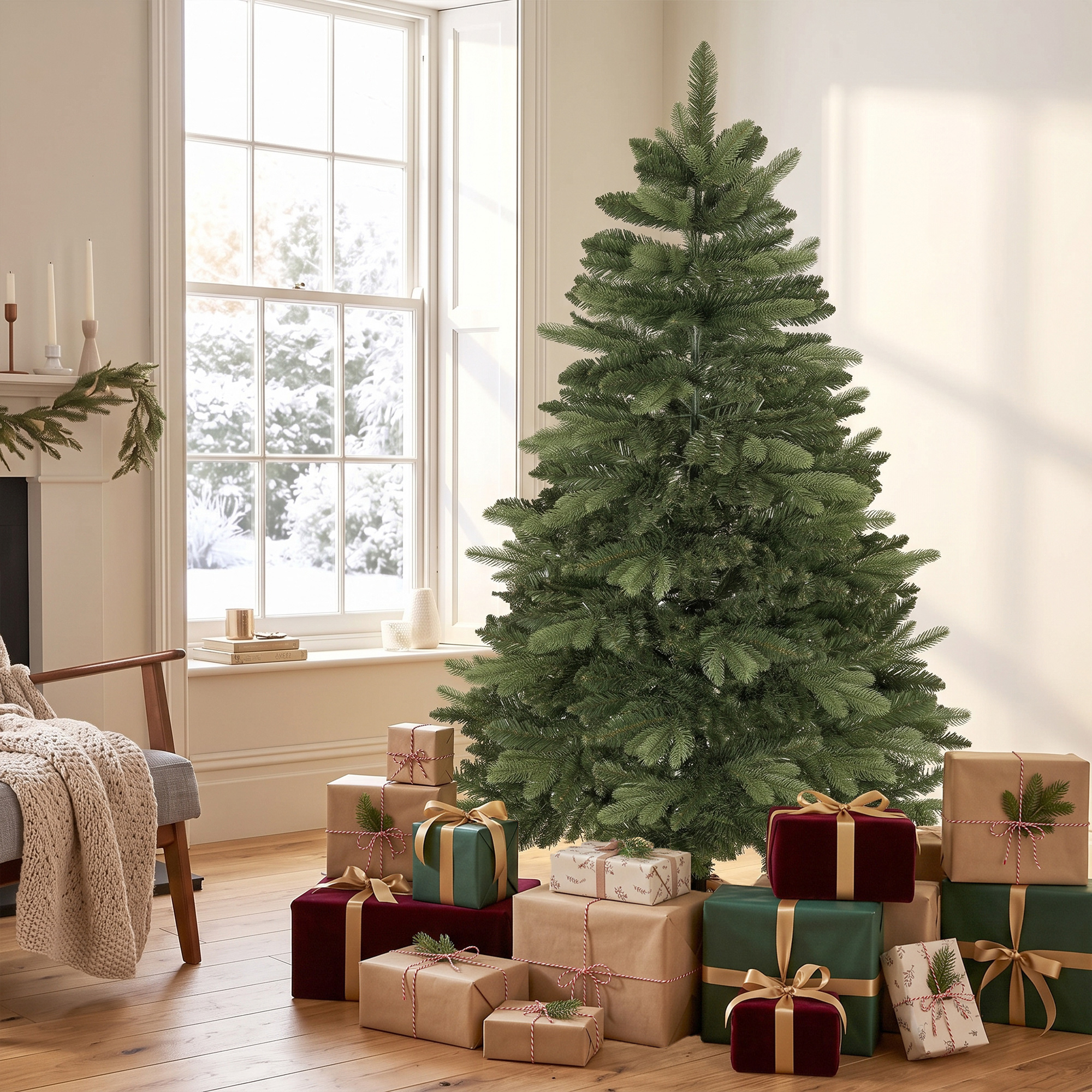 künstlicher Weihnachtsbaum 150 cm, Edeltanne, voll mit Klappästen, 525 Spitzen, faltbarer Holzständer, Grün
