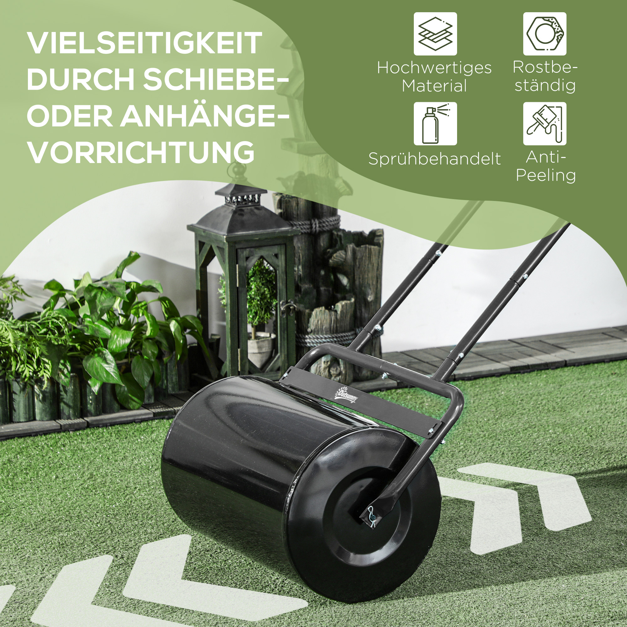 Rasenwalze mit U-Griff, Gartenwalze, Gartenrolle, 32 cm Durchmesser, 38 L Wasser-/62 kg Sand, Metall, Schwarz, 58 x 32,5 x 113 cm