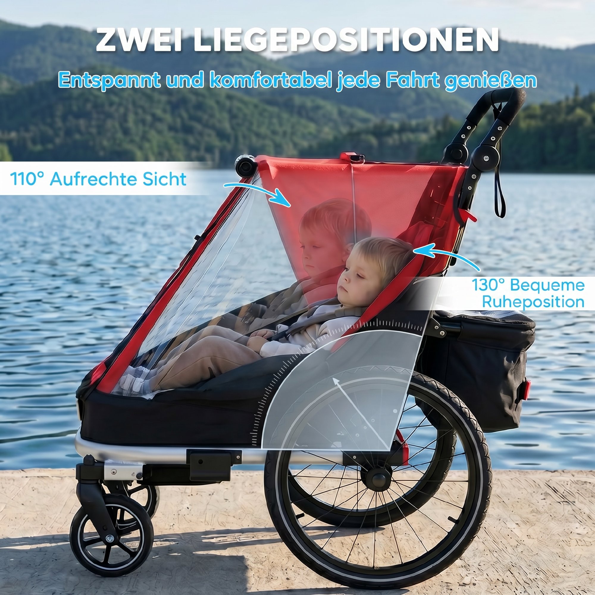 Fahrradanhänger für Kinder, 2-Sitzer, 2-in-1 faltbarer Kinderfahrradanhänger mit verstellbarem Sitz und Gurten, Rot