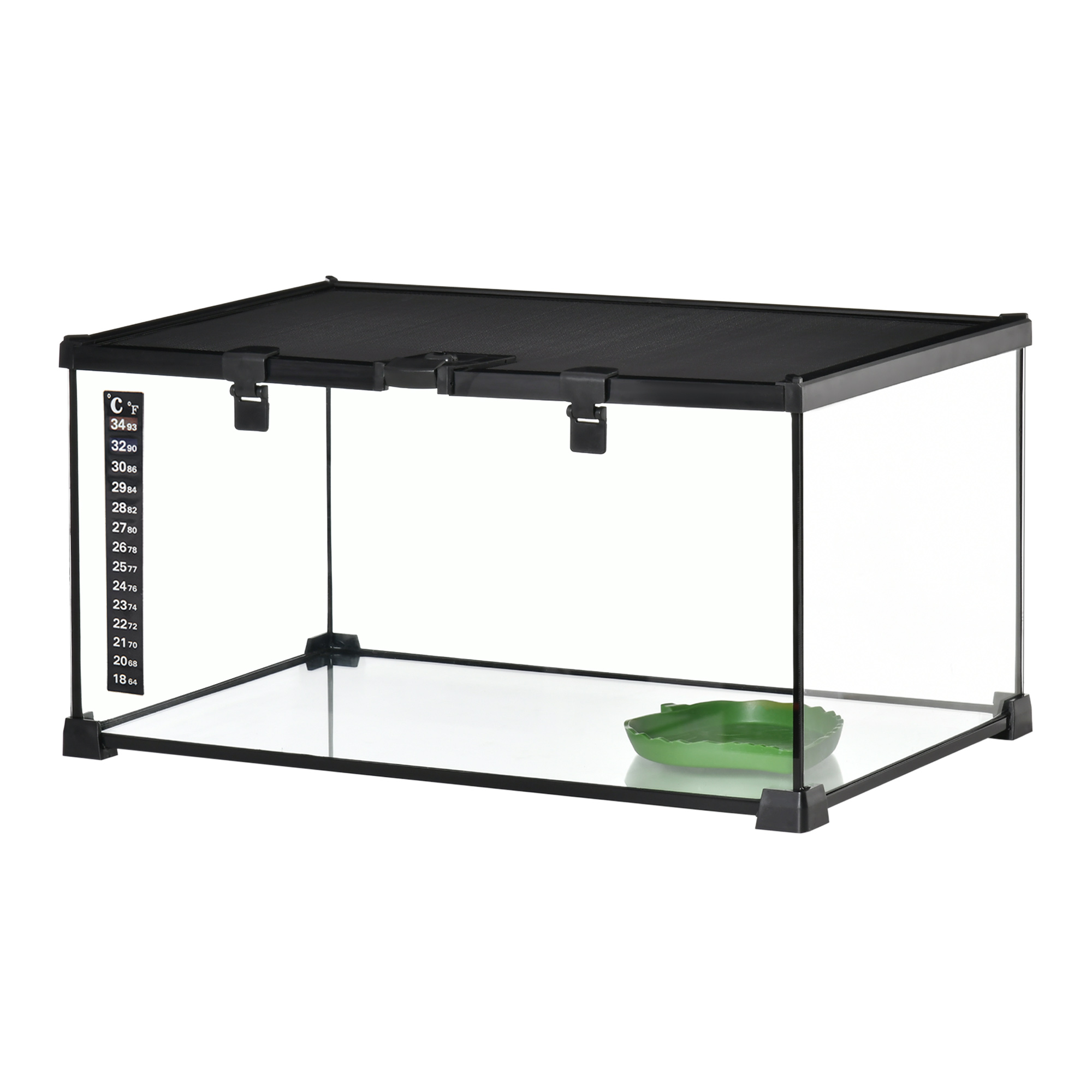 Reptilienbox Terrarium, inkl, Streifenthermometer, Fütterungsklappen, 50 cm x 30 cm x 25 cm, Glas + Metall, Schwarz