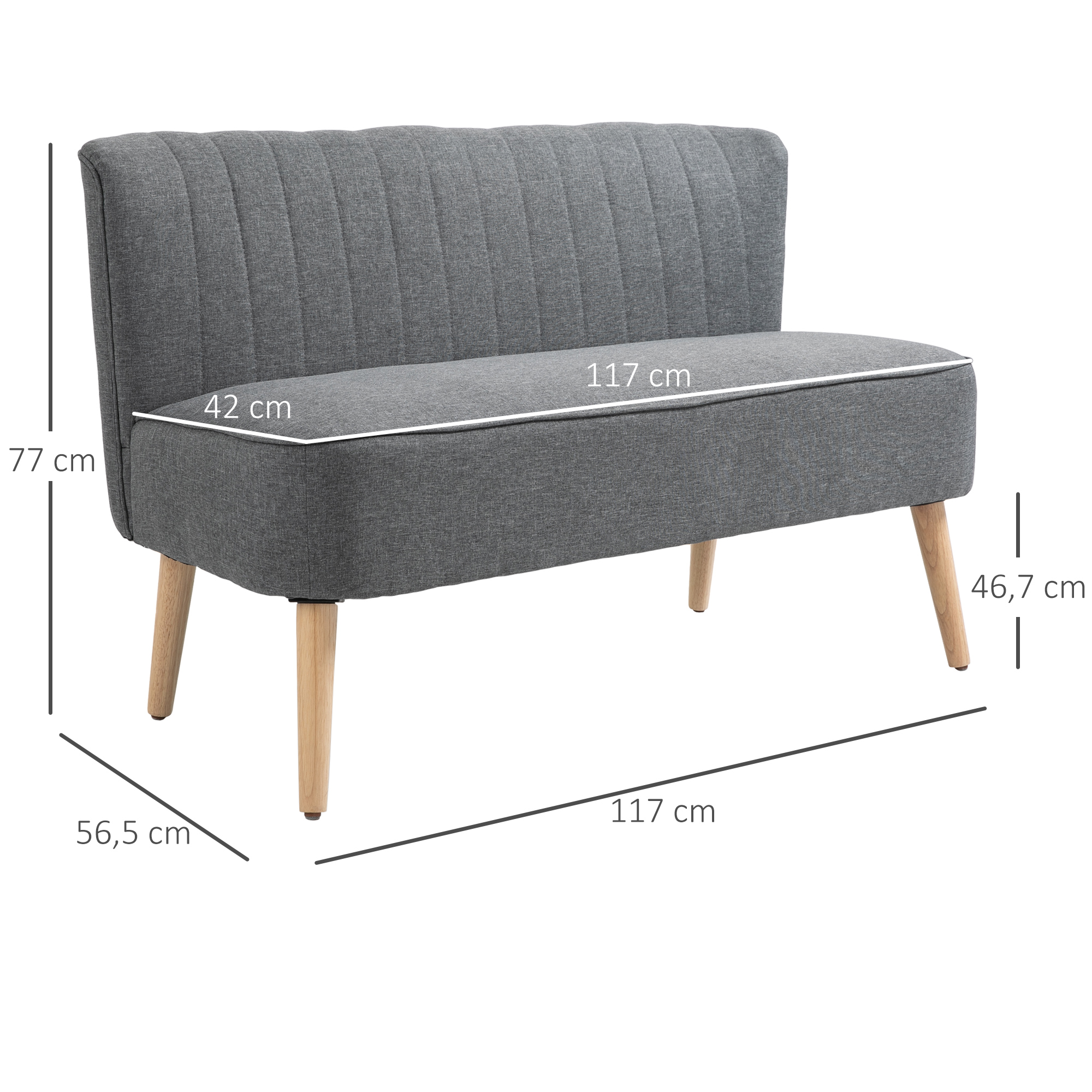 2-Sitzer Sofa, weiche Polsterung, pflegeleichter Bezug, bis 150 kg, 117 x 56,5 x 77 cm, Hellgrau
