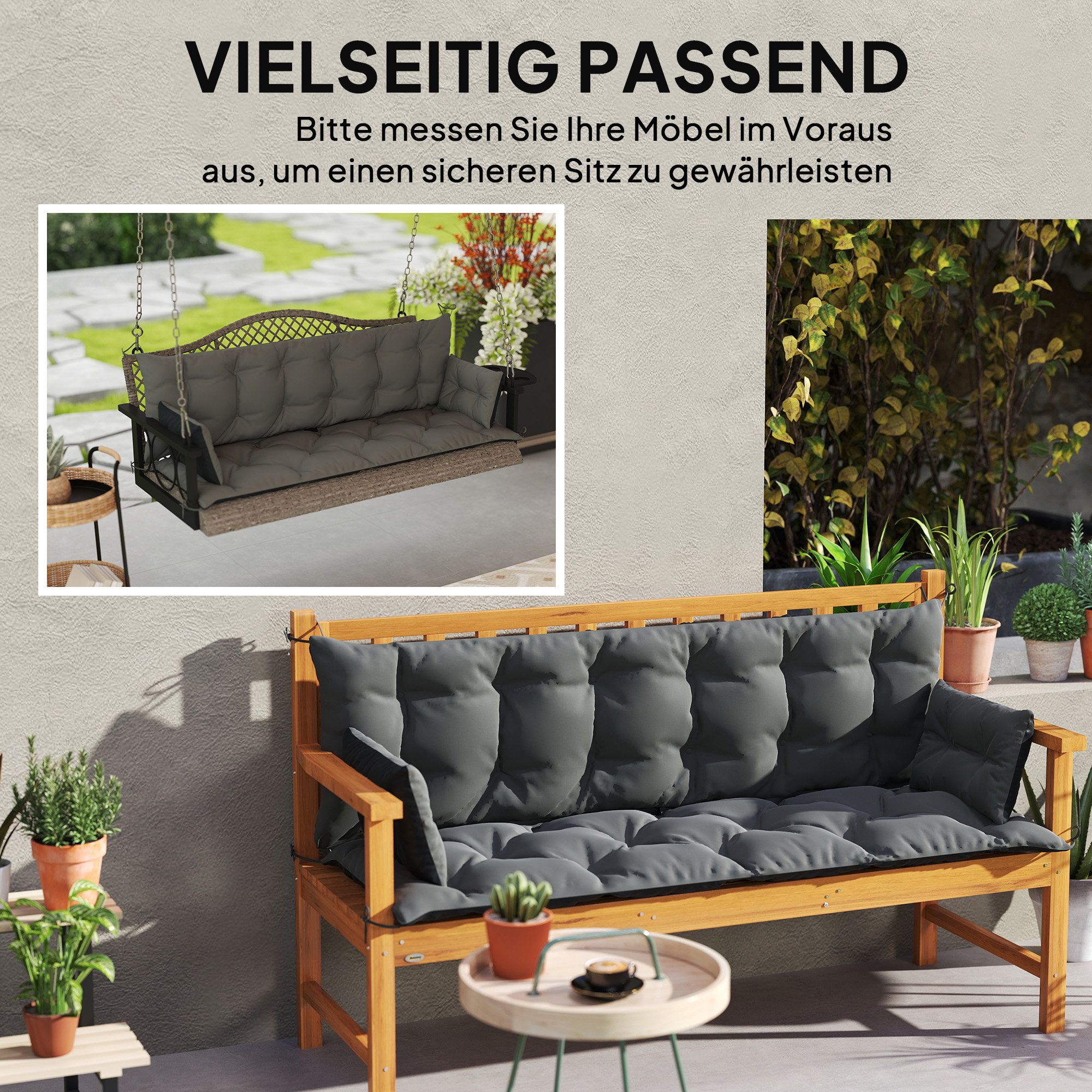 Outdoor-Kissen-Set für Bank oder Hollywoodschaukel, zweifarbig, Polyester, Schaumstoff, 180 x 110 x 8 cm, Dunkelgrau