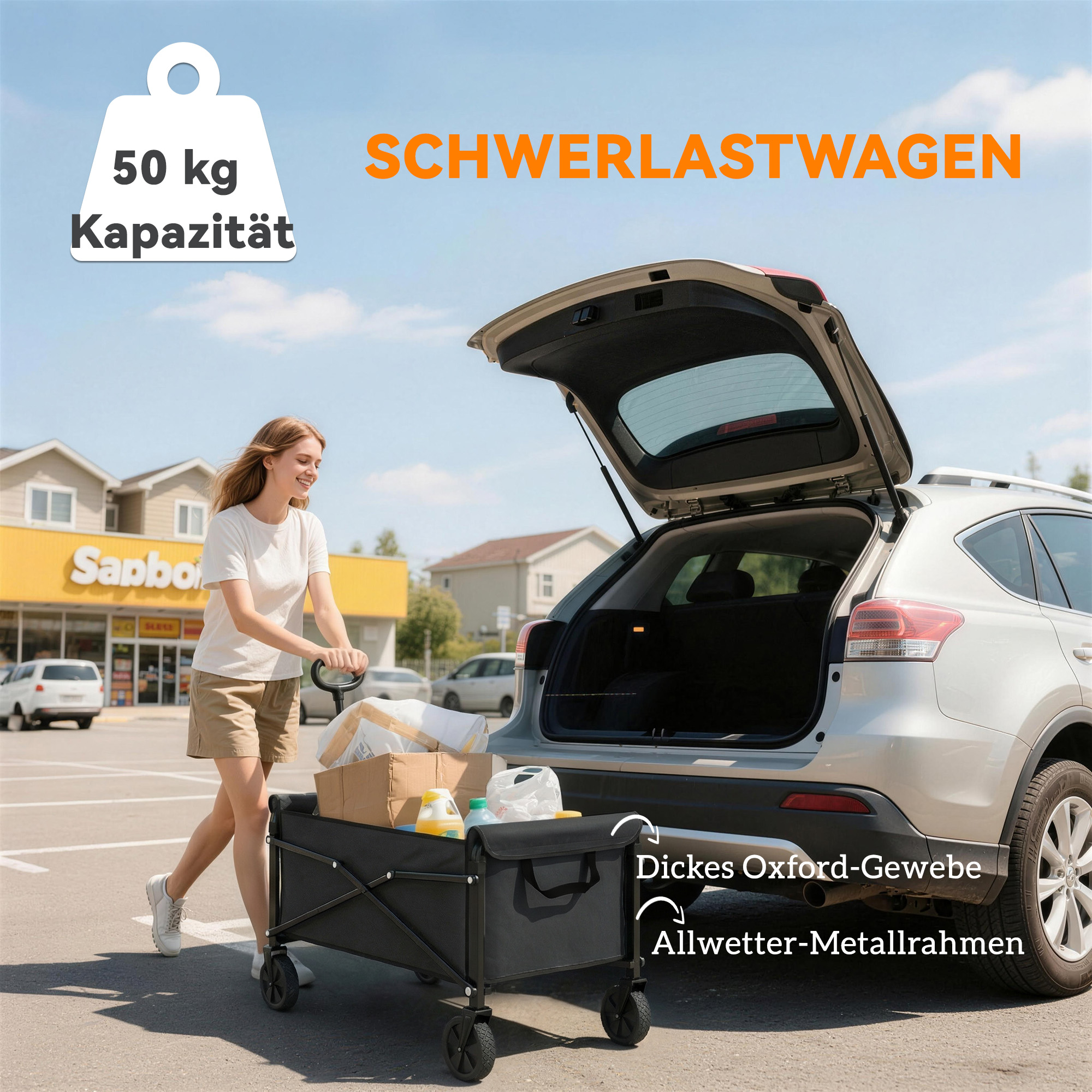 80L Festivalwagen auf Rädern, kompakter faltbarer Gartenwagen mit verstellbarem Griff, Schwarz