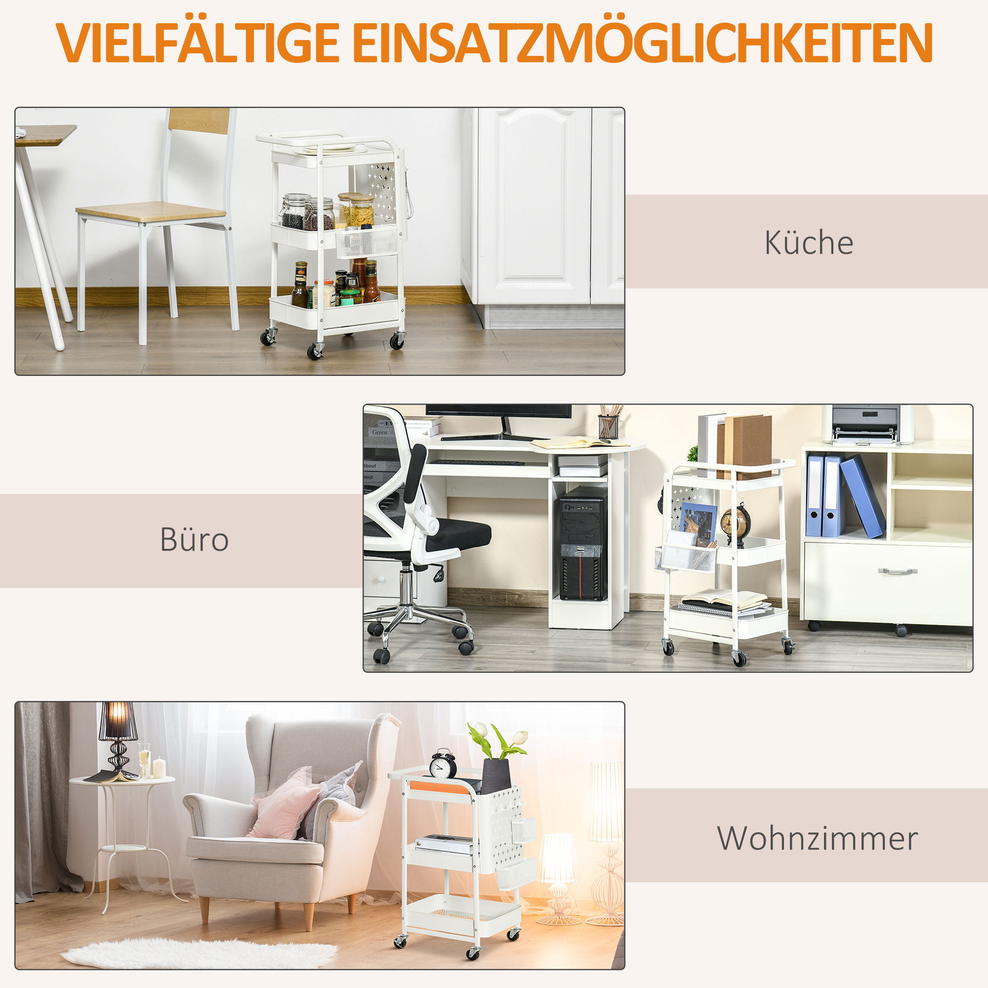 Küchentrolley mit Lochtafel, Handtuchhaltern und Aufbewahrungskörben, 51,5 cm x 32 cm x75,6 cm, Weiß