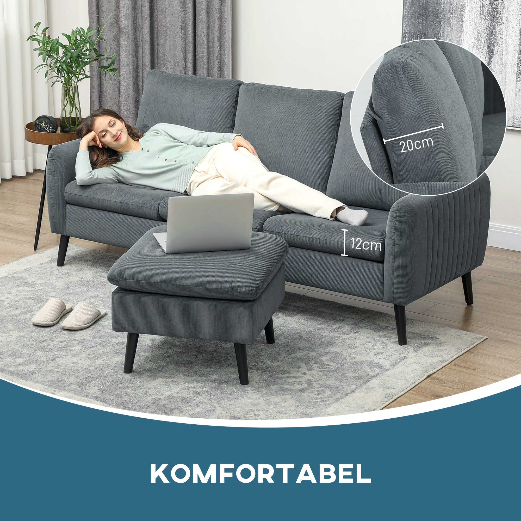 Ecksofa, 3-Sitzer-Sofa mit Fußhocker, Stoffbezug, L-förmiges Couch-Set, Dunkelgrau