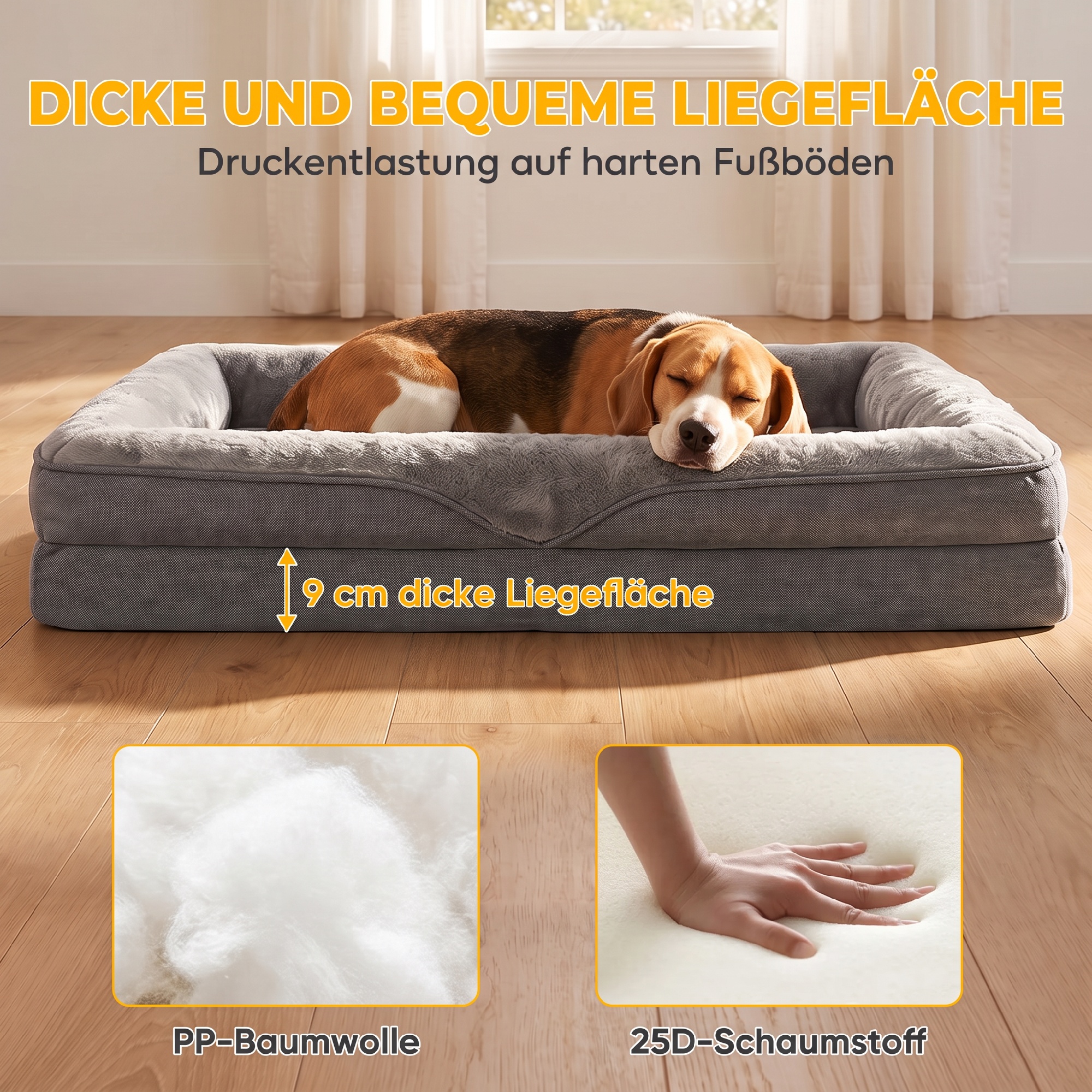 Hundebett mit Erhöhte Ränder rutschfester Unterseite Leinenoptik Waschbar Hundekissen spritzwasserabweisend 91x68x16cm