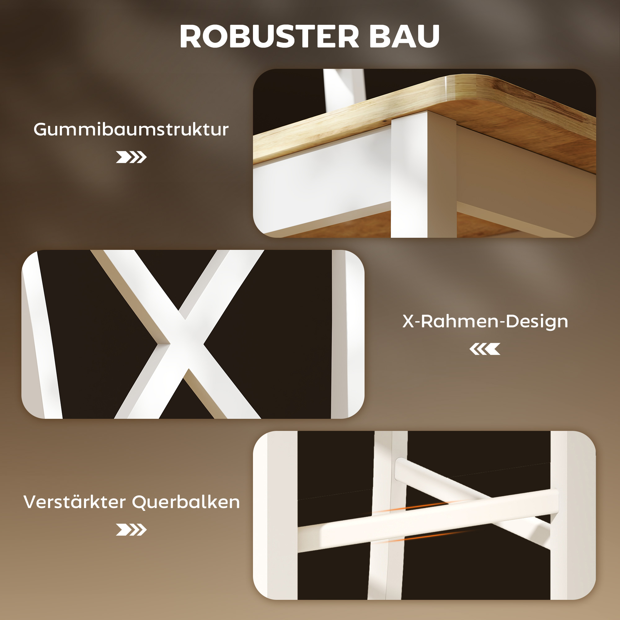 2er-Set Barstühle mit Rückenlehne und Fußstütze, Kautschukholz, für Küche, Esszimmer, Bar, Eiche+Weiß