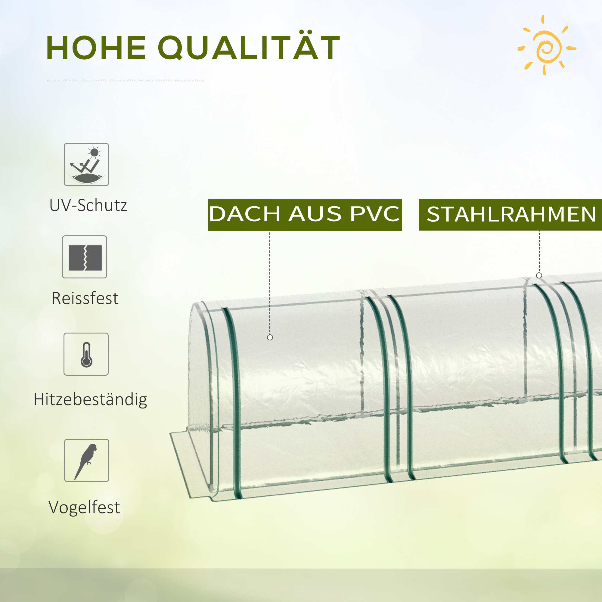 Foliengewächshaus, drei aufrollbare Türen, Stahlrahmen, transparent, 295 x 100 x 80 cm