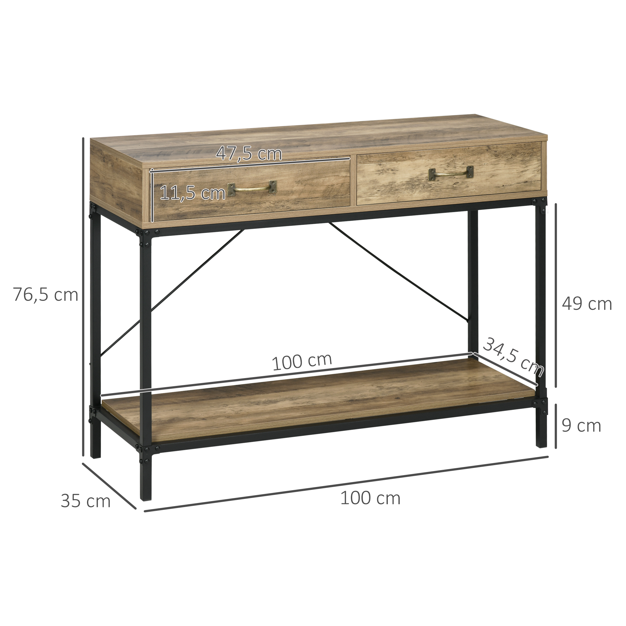 Konsolentisch Flurtisch mit Ablage und 2 Schubladen, 100 x 35 x 76,5 cm Beistelltisch Sofatisch Ausstellungstisch für Kleinen Raum, Eingang, Flur, Wohnzimmer Braun+Schwarz
