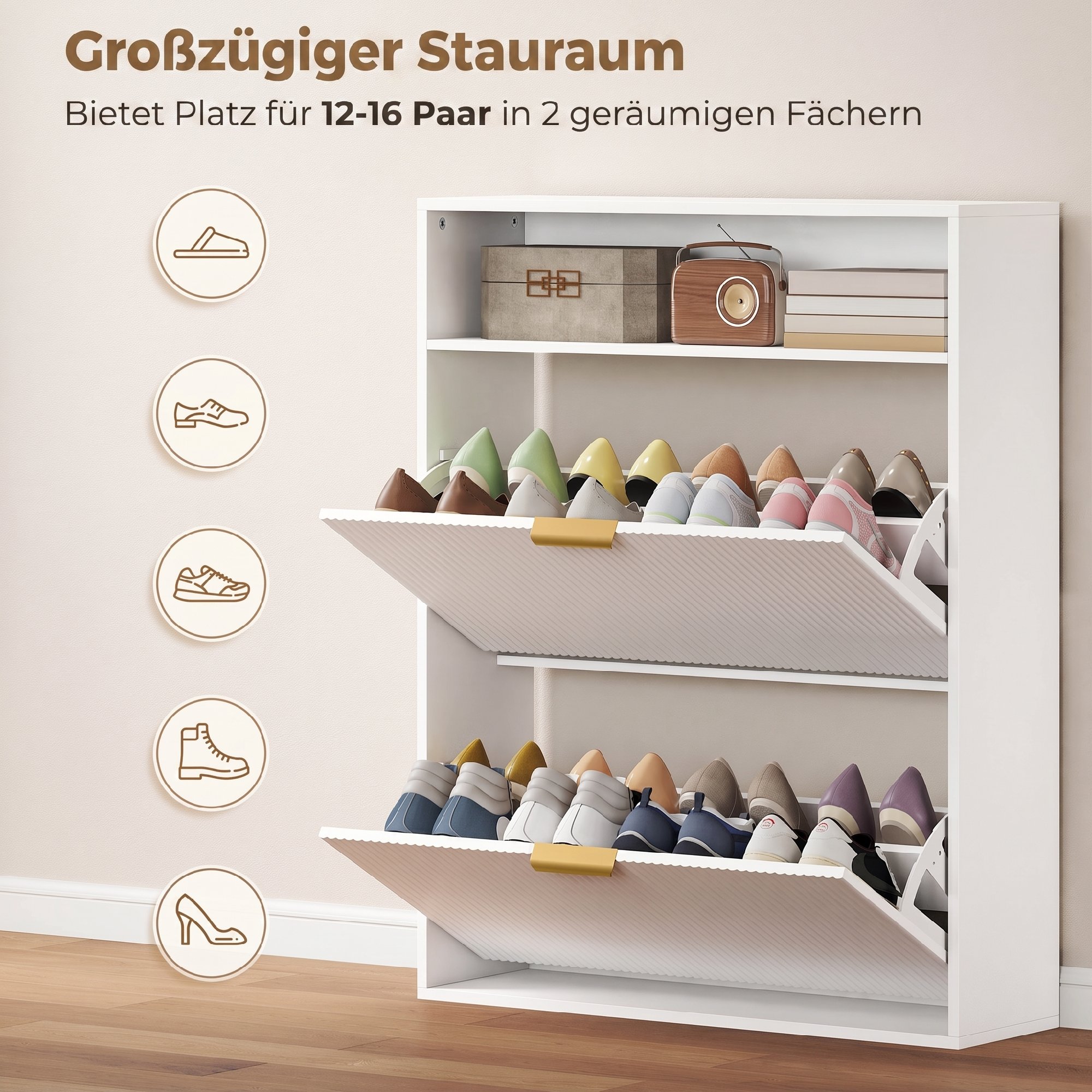 schmaler Schuhschrank mit 2 Klappfächern und Ablagefläche für Flur und Eingangsbereich, Weiß