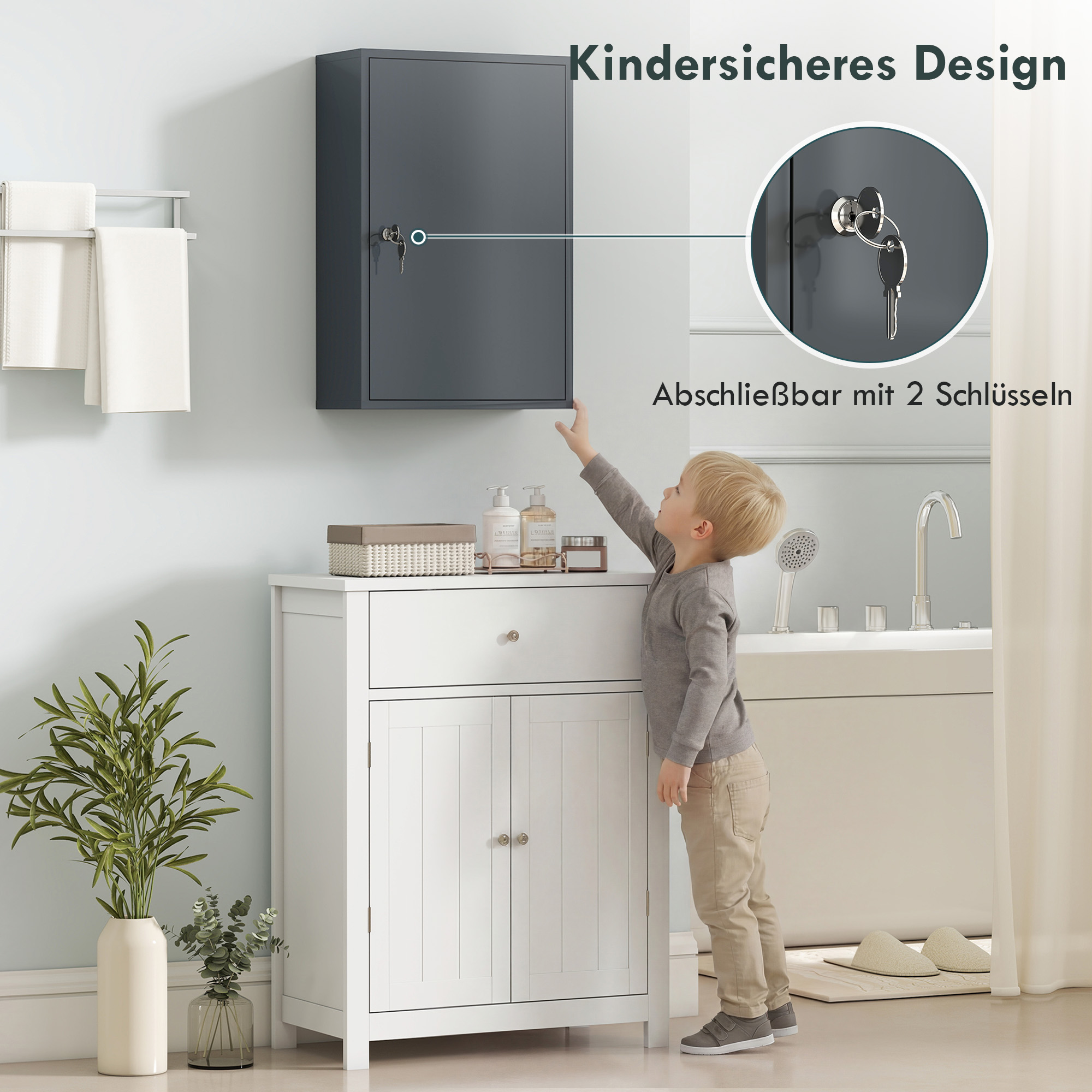 Wand-Medizinschrank, Badezimmerschrank mit 3 Regalböden, 2 Schlüsseln, 40 x 18 x 60 cm, Grau