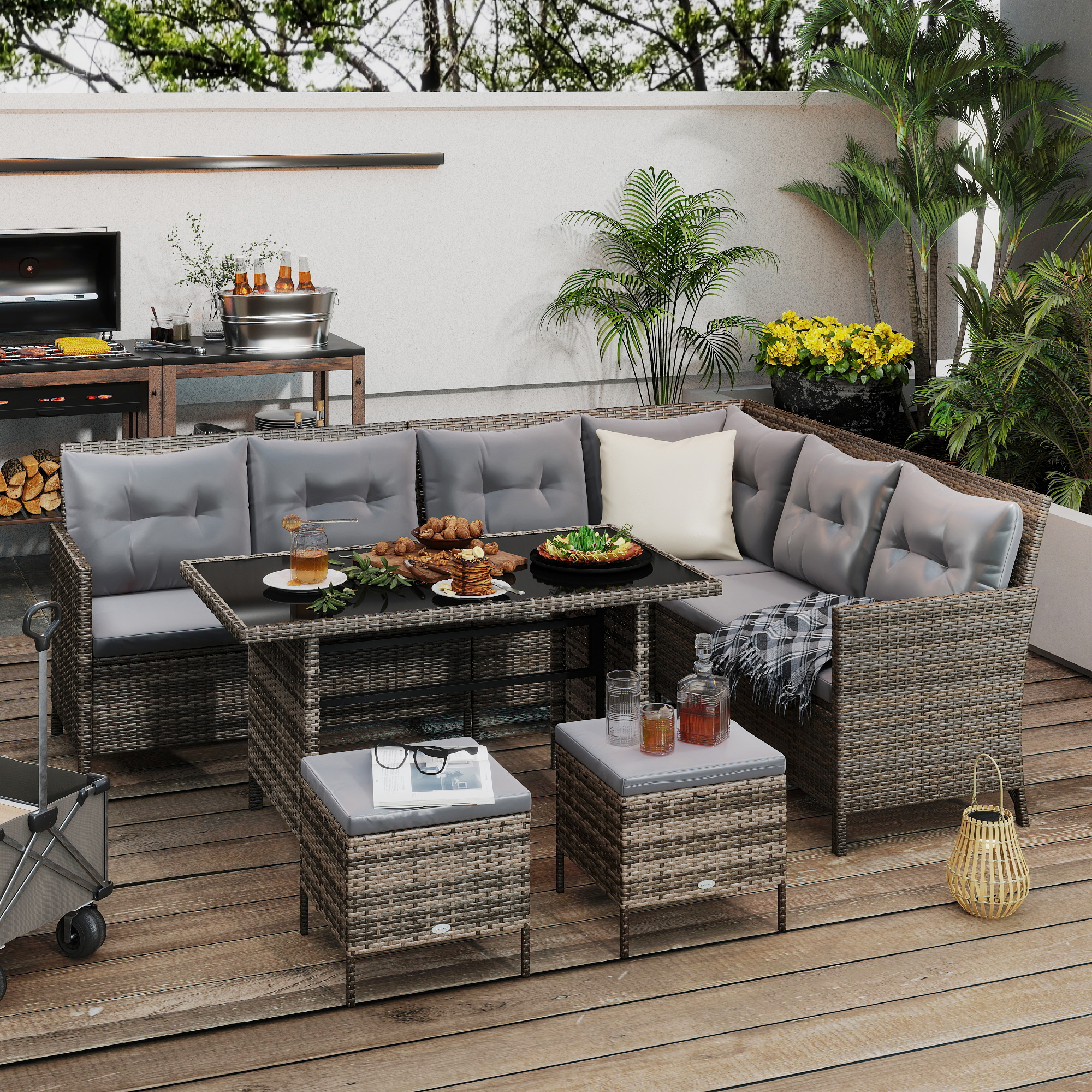 Gartenmöbel-Set aus PE-Rattan, für 5 Personen, Rattan-Lounge-Set, abnehmbare Polster, Grau + Braun