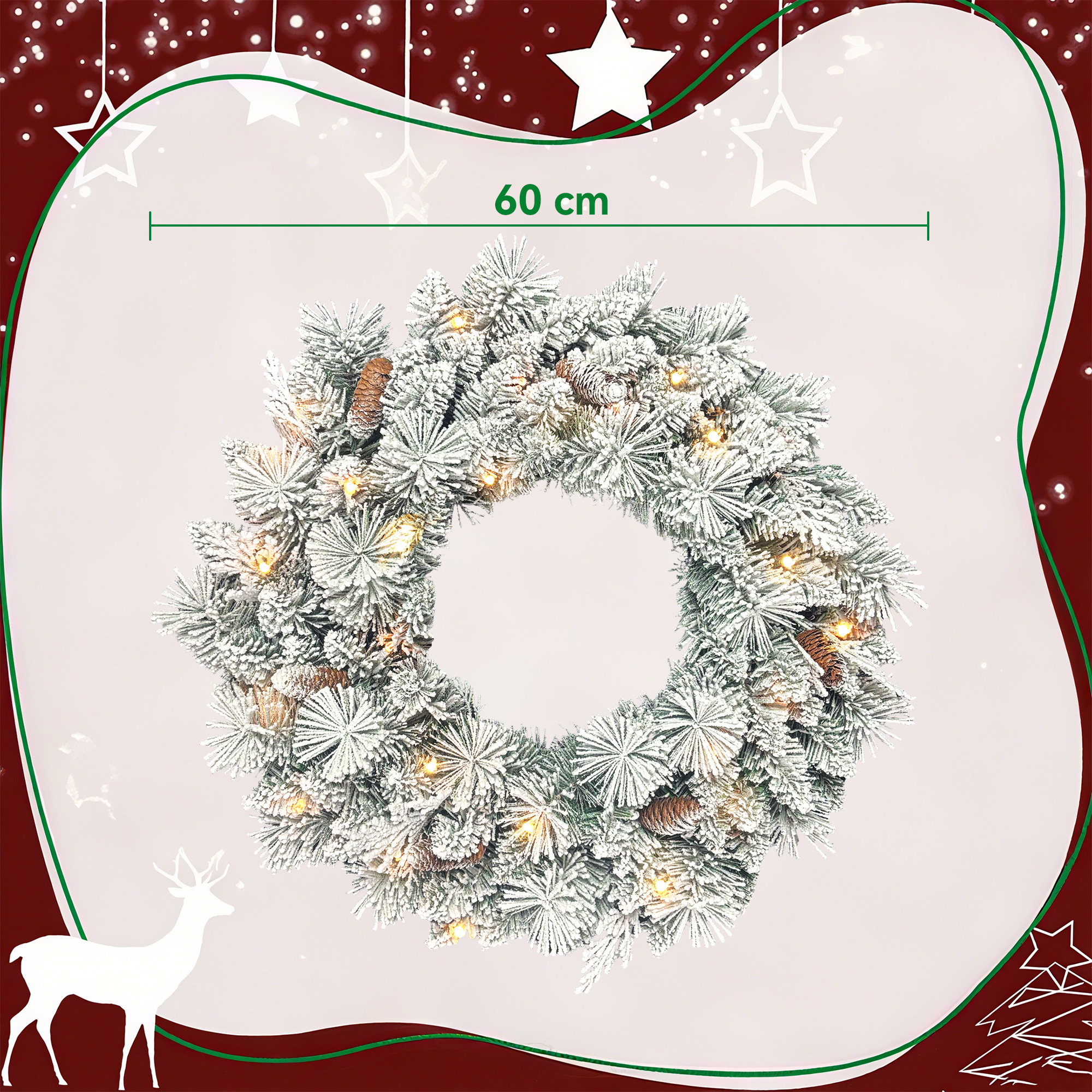 Tannenkranz Weihnachtskranz mit LED-Lichterkette, Tannenzapfen, Türkranz Grün+Weiß, Ø60 x 8 cm