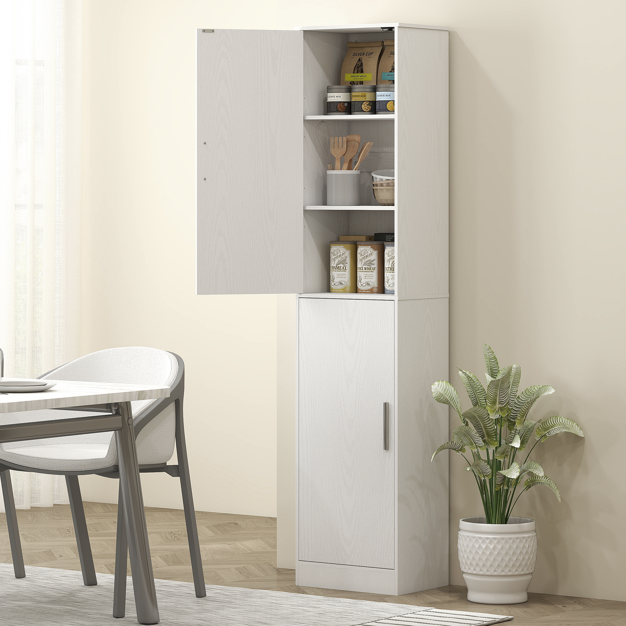 180 cm hoher Badezimmerschrank, schmaler Badschrank mit 2 Türen, 4 verstellbare Regale, Spanplatte, MDF, Weiß