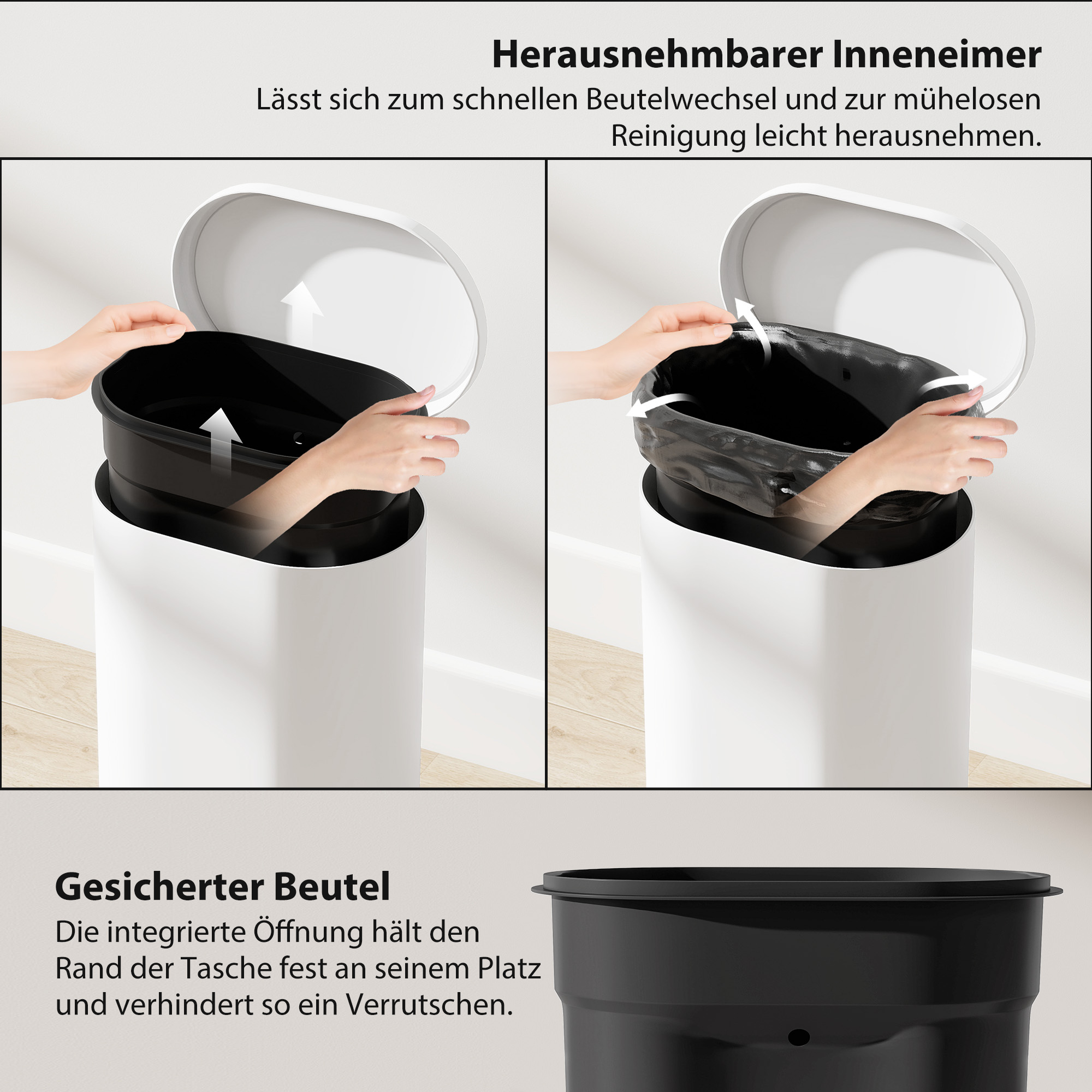 Mülleimer 12L Treteimer Abfalleimer mit Deckel, Fußpedal, Inneneimer, Soft-Close-Funktion, 30 x 25,5 x 37,5 cm, Weiß