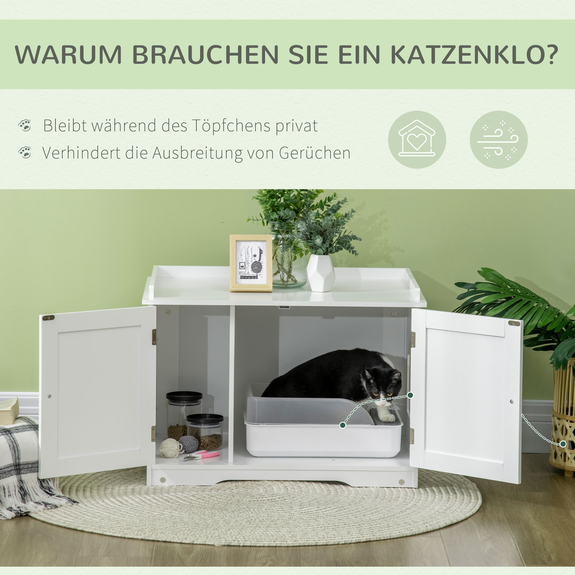 Katzentoilette, Katzenhaus, mit Trennwand, magnetischer Doppeltür, seitlicher Ablage, weiß, 86 x 48 x 52cm