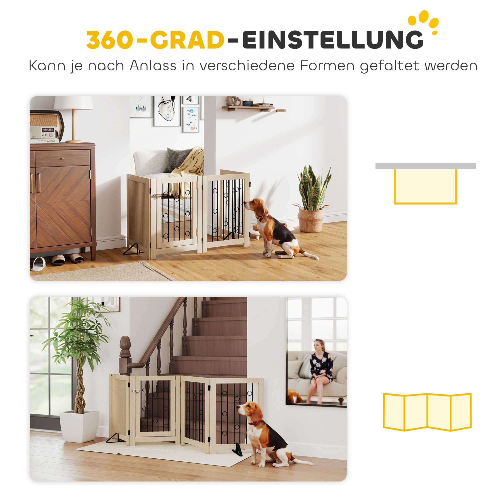 freistehendes Haustiertor, Hundegitter mit Tür, 4 Paneele, für Flur, Treppe, Türrahmen, MDF, Stahl