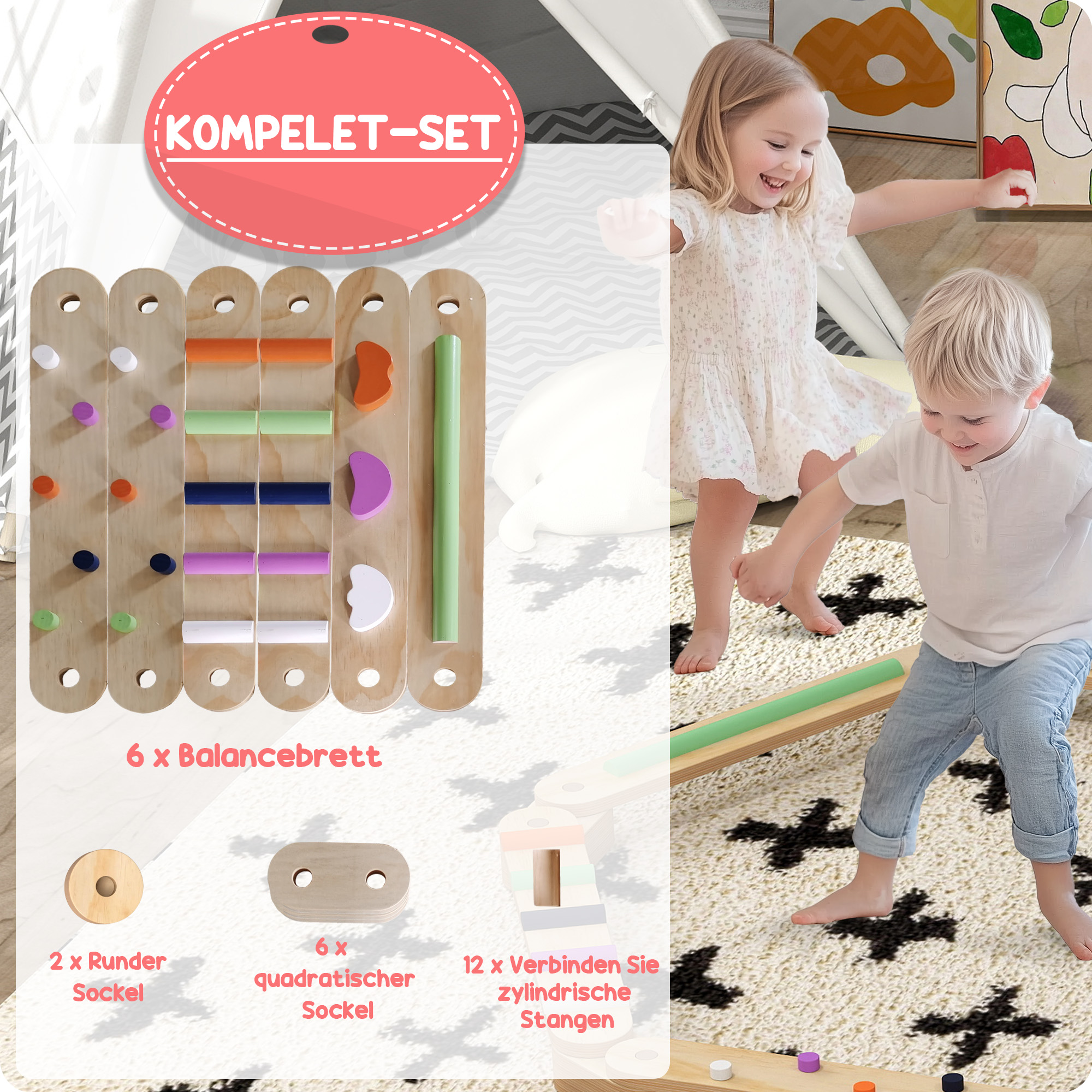 Balancebalken-Kinderset aus Holz, für Kinder von 3-8 Jahren, zweiseitige Balancebretter für spielerische Koordination