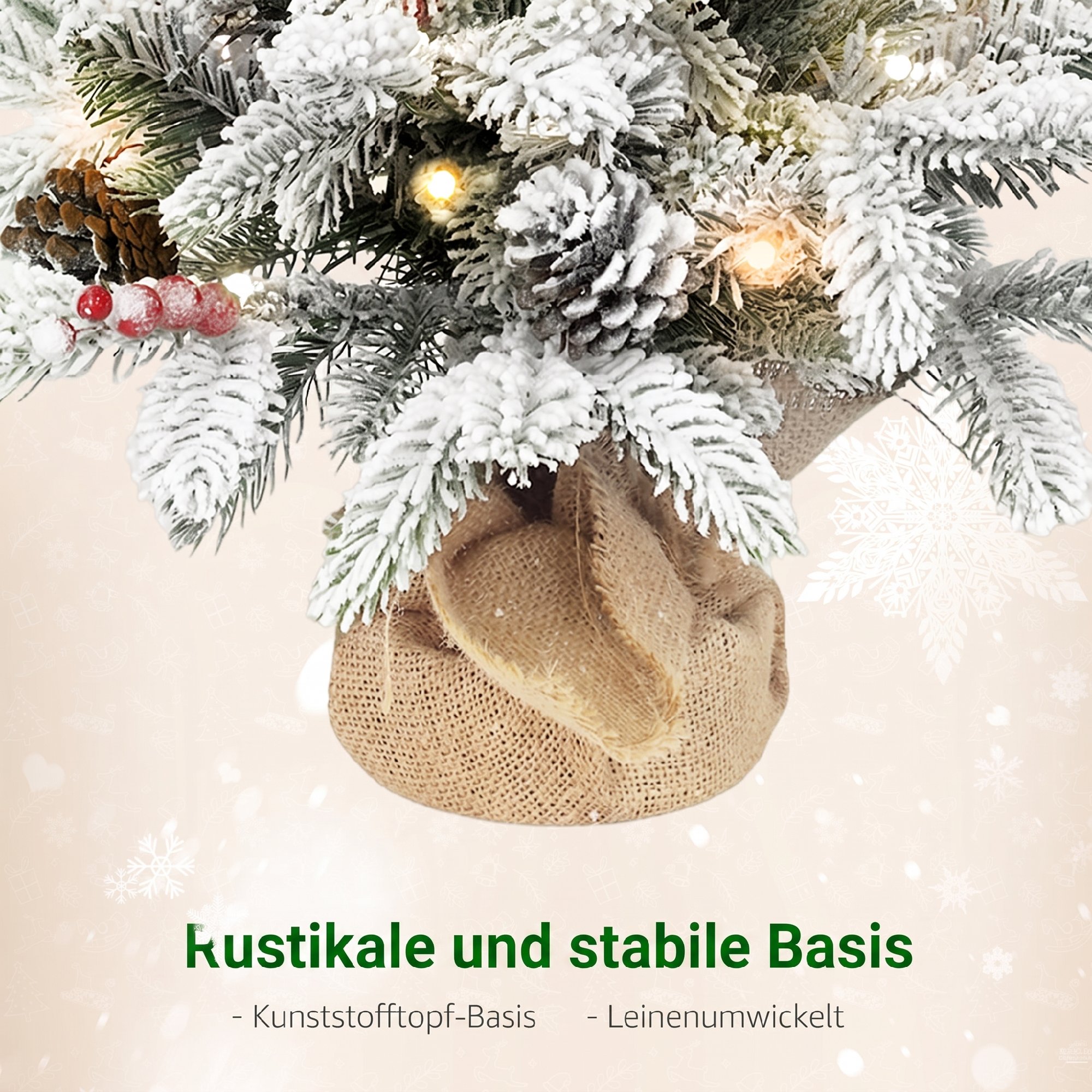 Mini 60cm Weihnachtsbaum mit 35 LED-Lichtern, Schnee-Effekt, Mini-Tischbaum mit Tannenzapfen, Künstlicher Weihnachtsbaum für Weihnachtsdekoration, Weiß